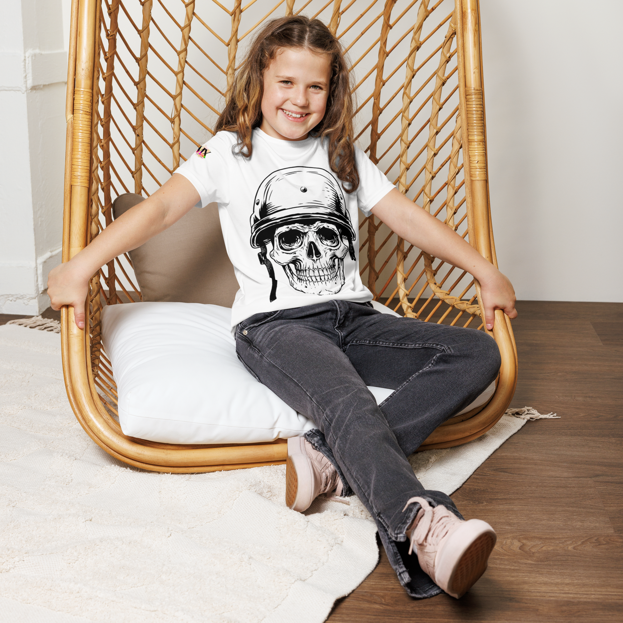 Youth Crew Neck T-Shirt – Skull in a Beret Graphic | White Cotton Tee for Kids | Voce Lindx