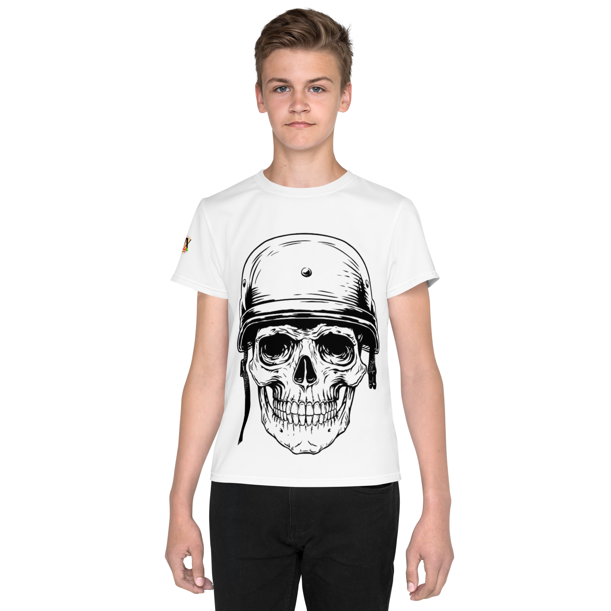 Youth Crew Neck T-Shirt – Skull in a Beret Graphic | White Cotton Tee for Kids | Voce Lindx