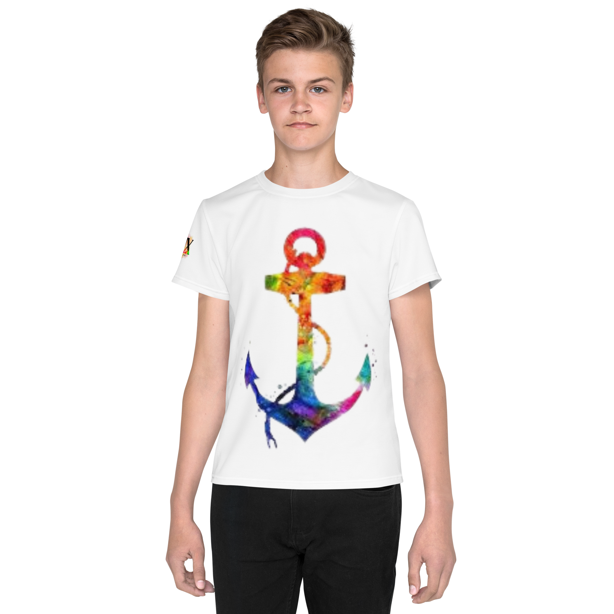 Youth Crew Neck T-Shirt – Rainbow Anchor Print | White Cotton Tee for Kids | Voce Lindx