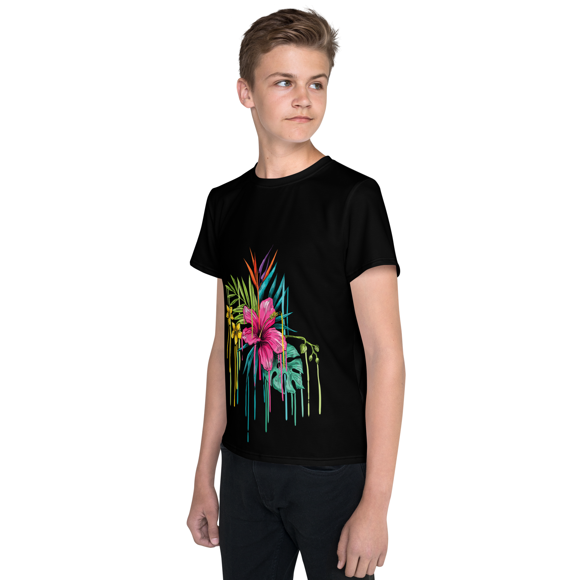 Black Youth Crew Neck T-Shirt – Pink Flower Graphic | 100% Cotton Kids Tee by Voce Lindx