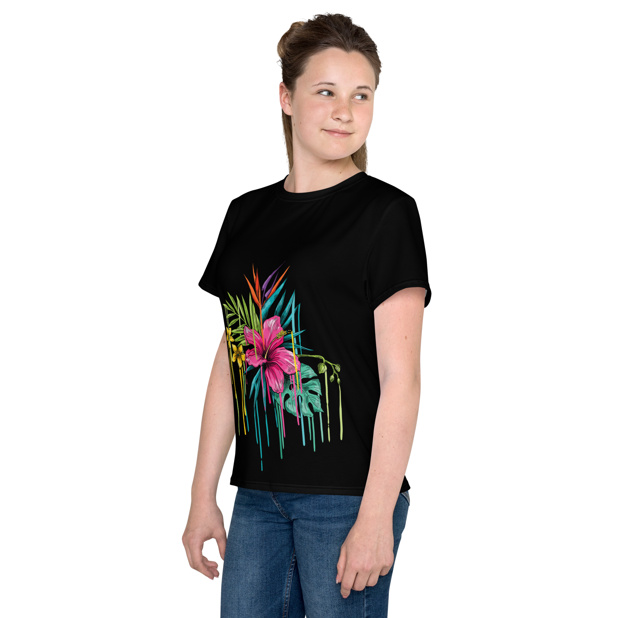 Black Youth Crew Neck T-Shirt – Pink Flower Graphic | 100% Cotton Kids Tee by Voce Lindx