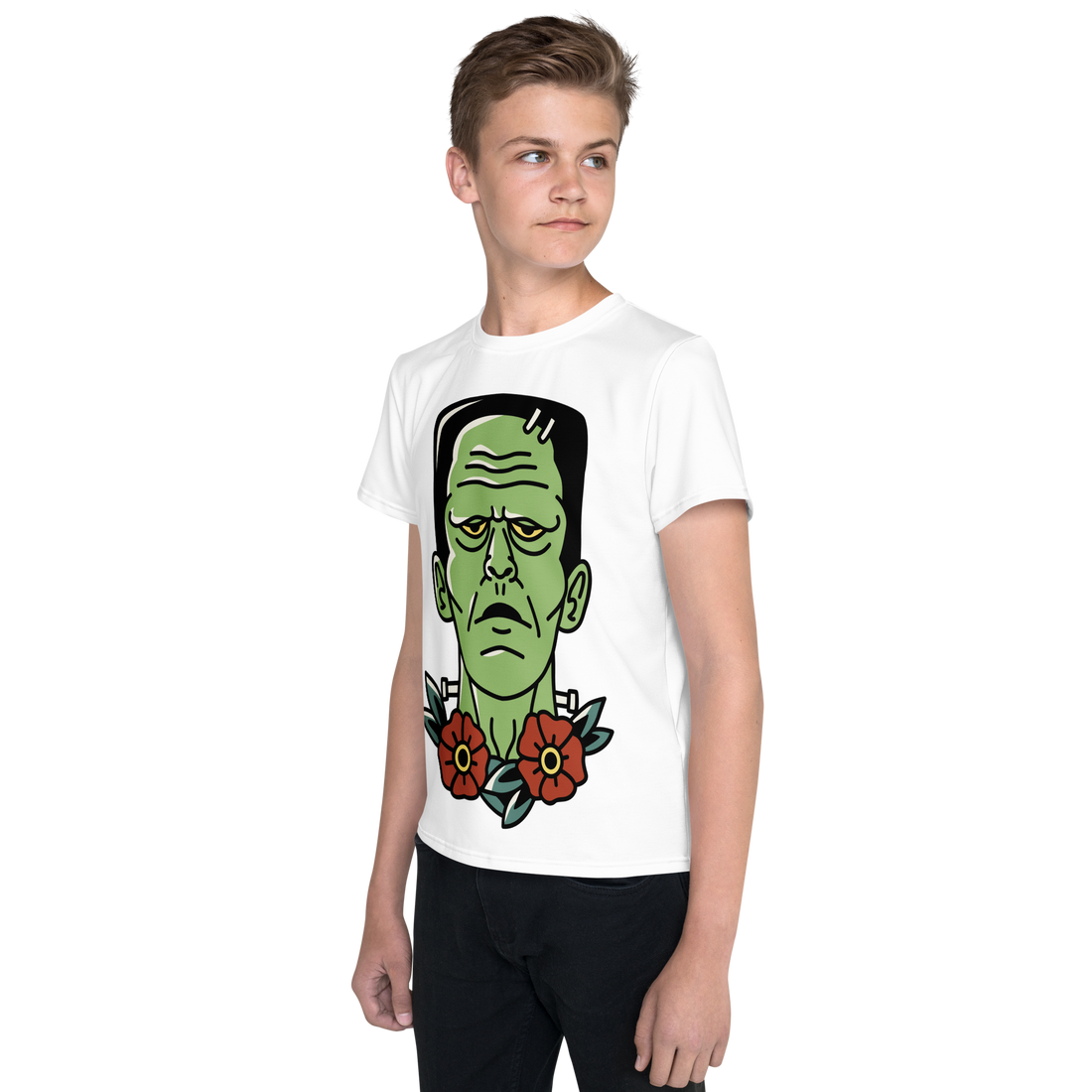 Youth Crew Neck T-Shirt – Frankenstein Cartoon Print | Black Kids Tee | 100% Cotton