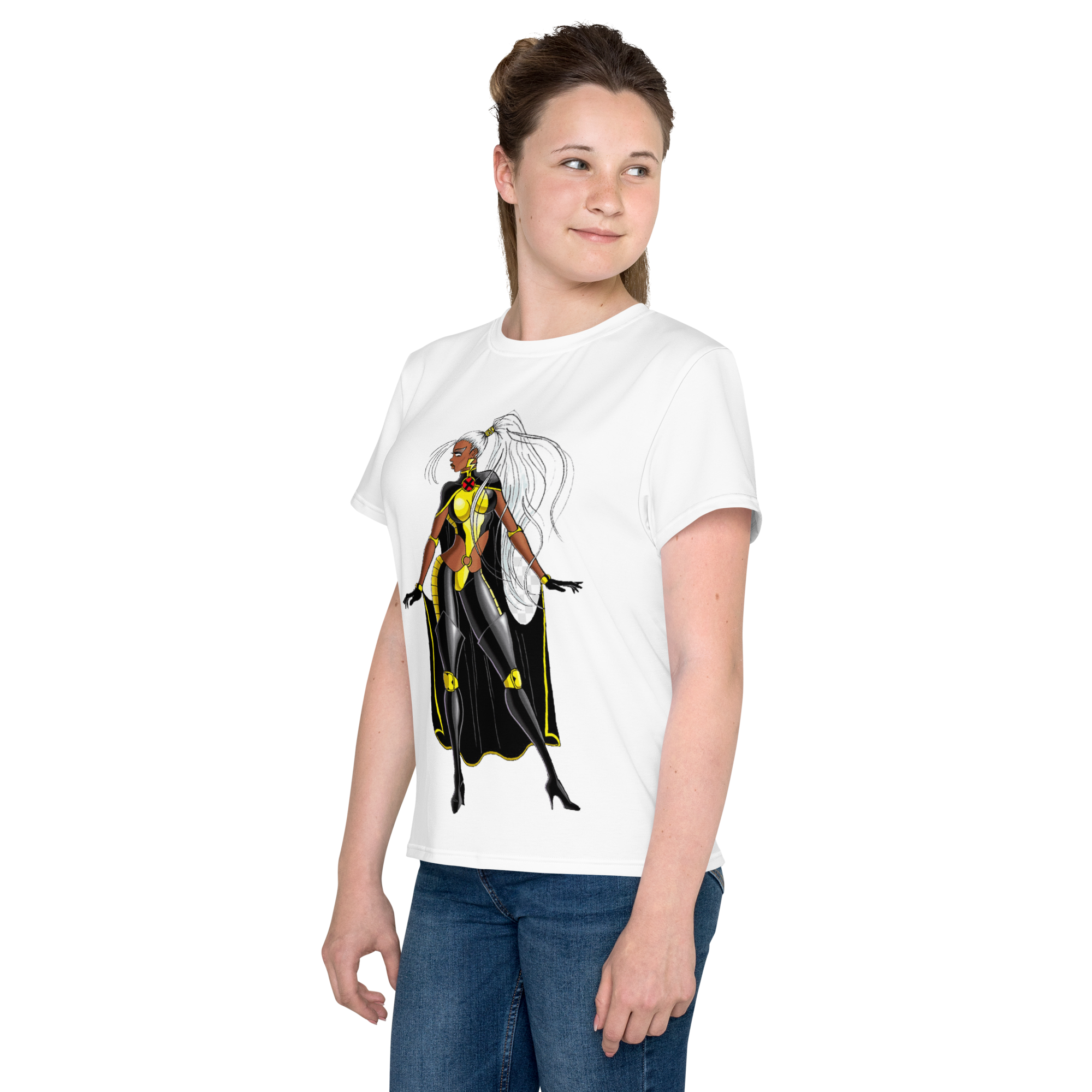 Youth Crew Neck T-Shirt – Storm Comic Art Print | Black Cotton Kids Tee | Voce Lindx