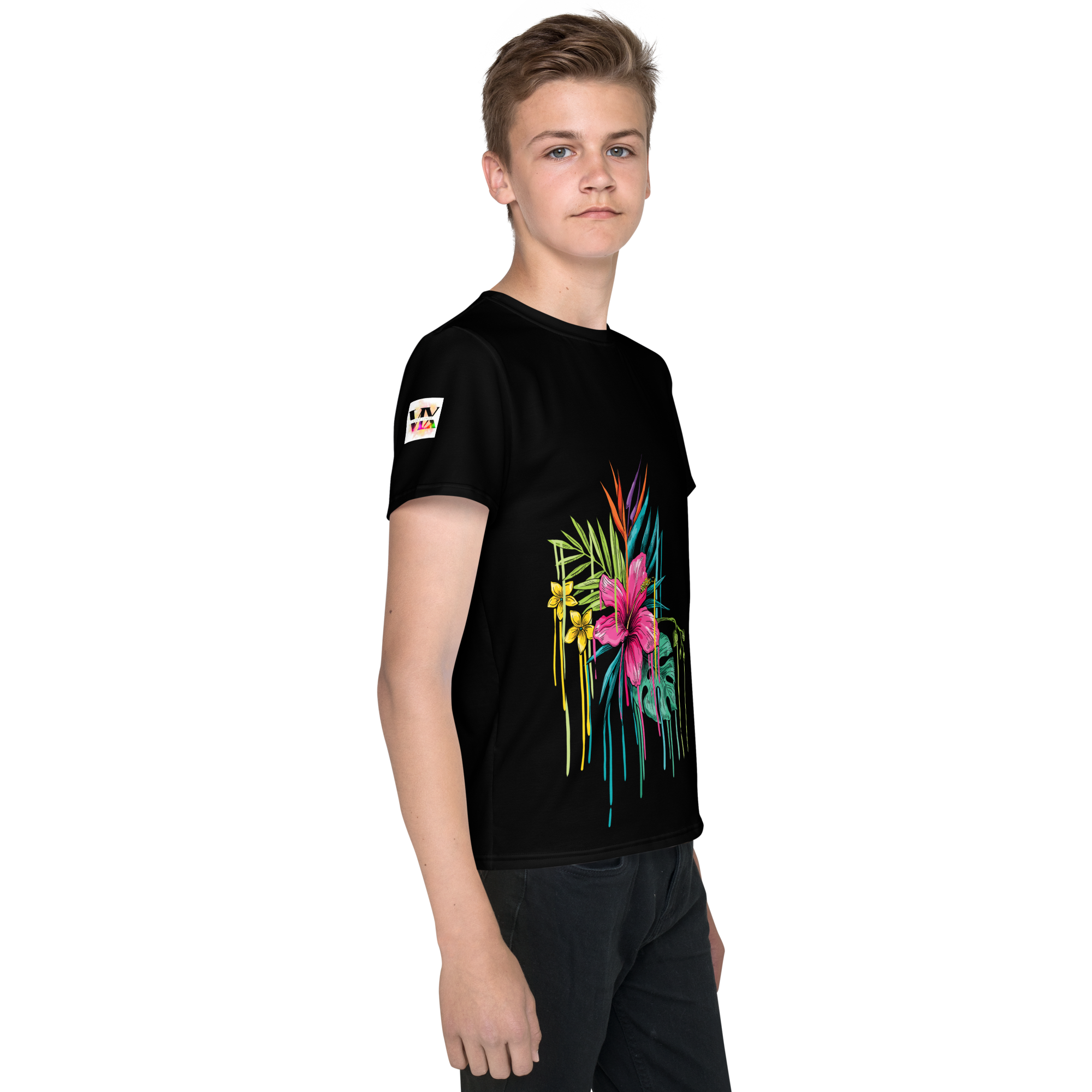 Black Youth Crew Neck T-Shirt – Pink Flower Graphic | 100% Cotton Kids Tee by Voce Lindx