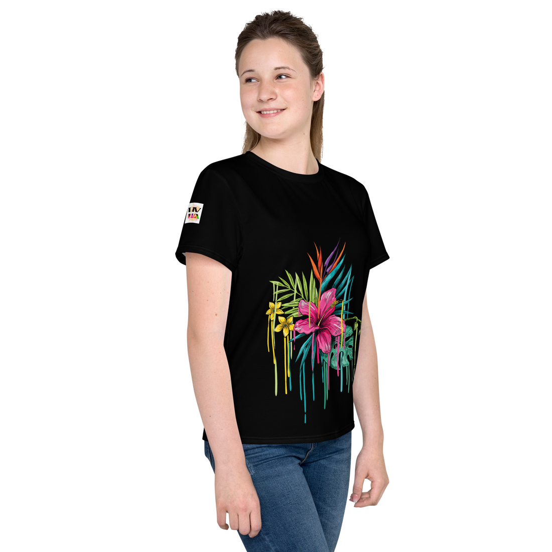 Black Youth Crew Neck T-Shirt – Pink Flower Graphic | 100% Cotton Kids Tee by Voce Lindx