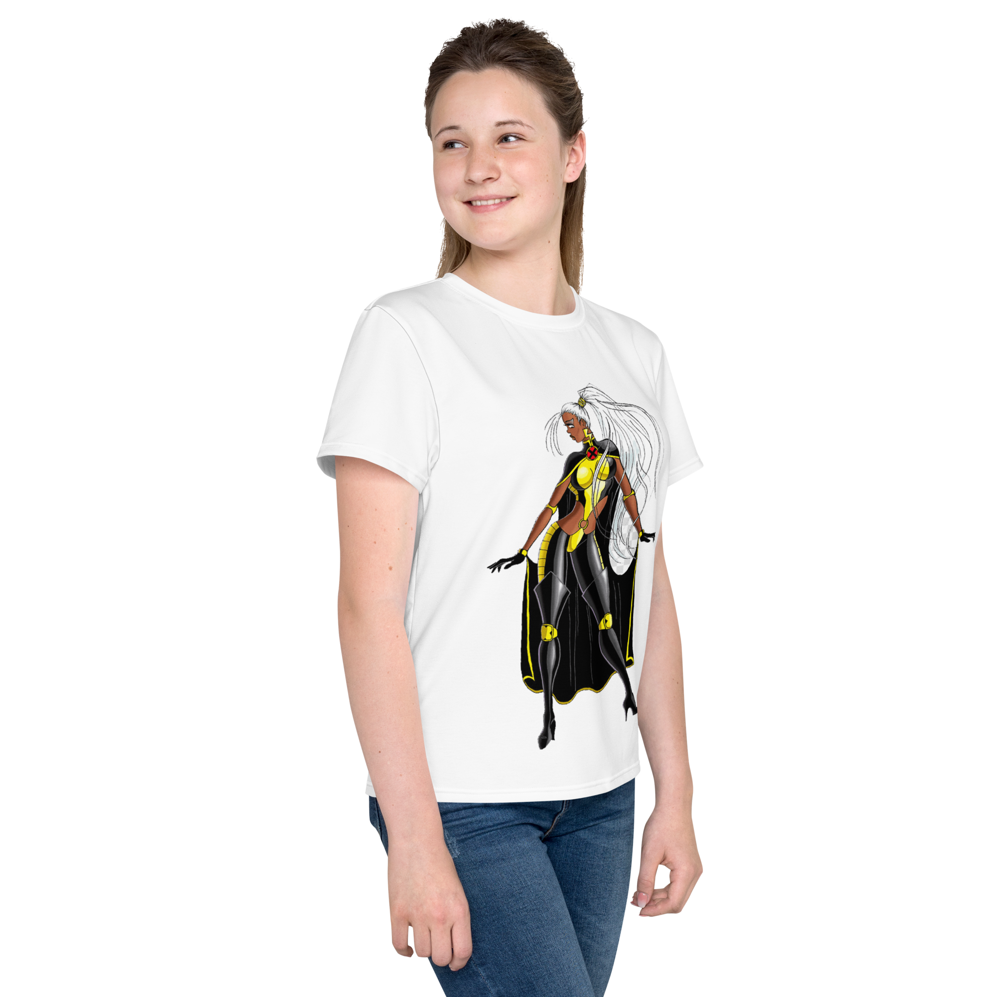 Youth Crew Neck T-Shirt – Storm Comic Art Print | Black Cotton Kids Tee | Voce Lindx