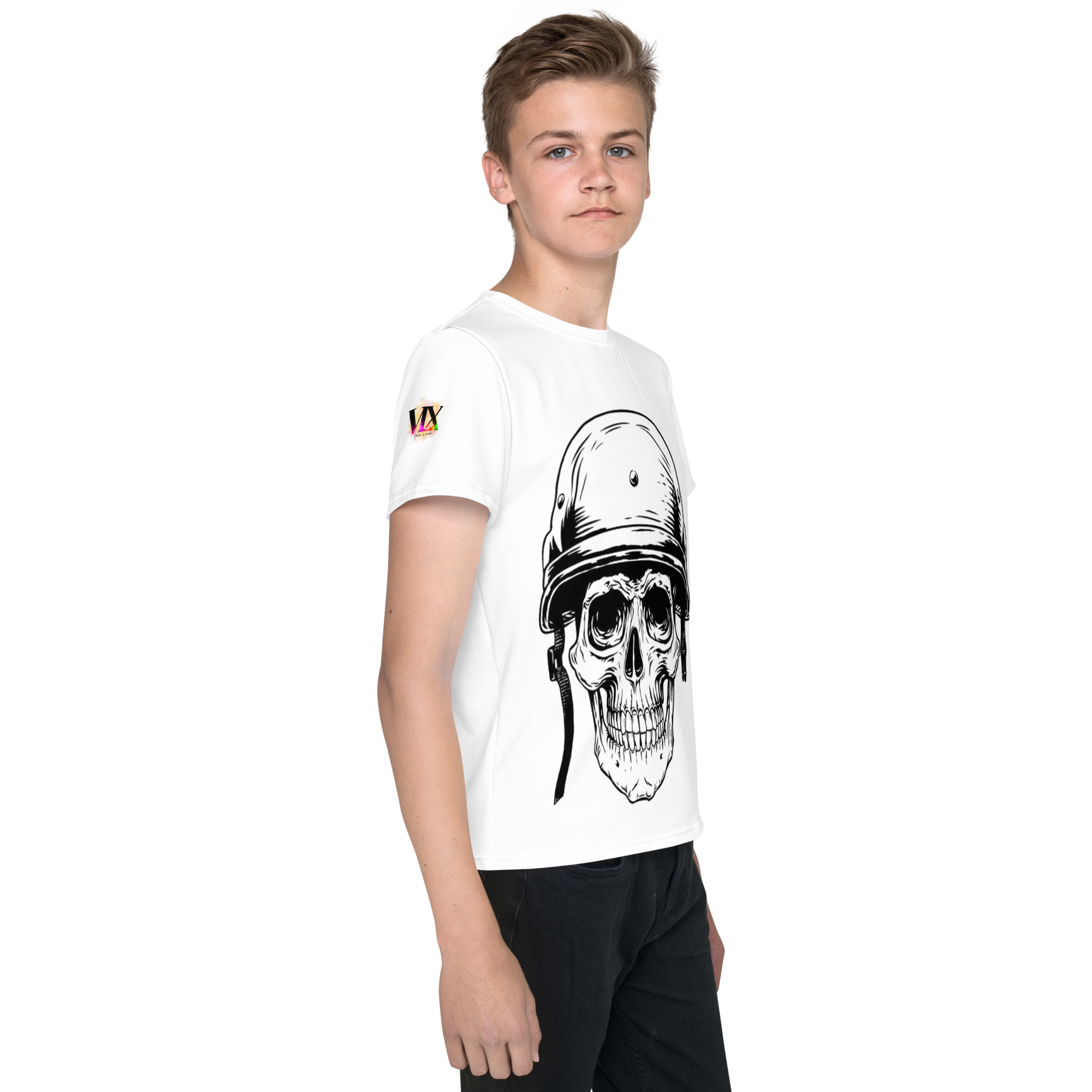 Youth Crew Neck T-Shirt – Skull in a Beret Graphic | White Cotton Tee for Kids | Voce Lindx