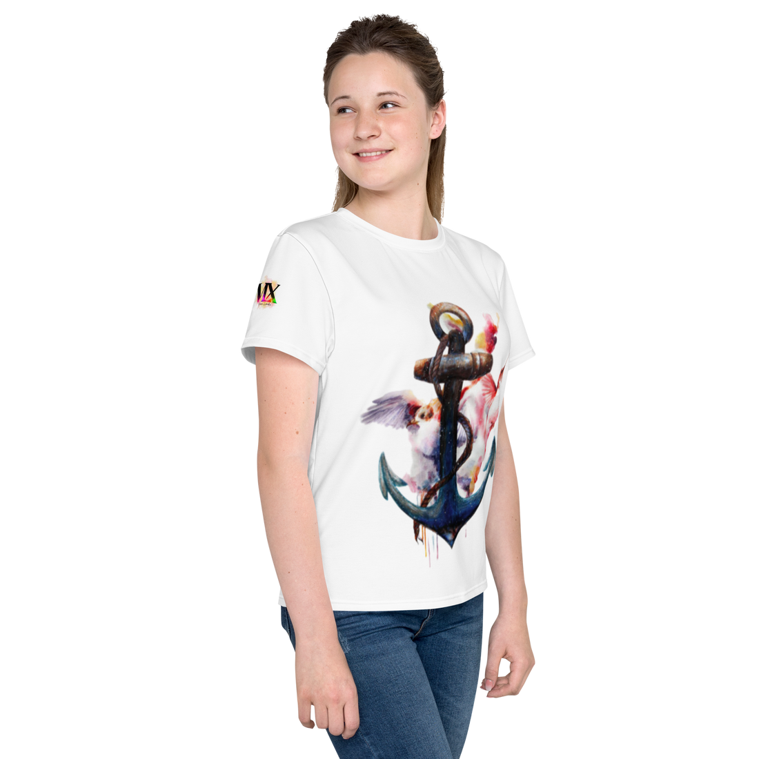 Youth Crew Neck T-Shirt – Anchor and Hummingbird Print | Soft White Cotton Tee for Kids | Voce Lindx