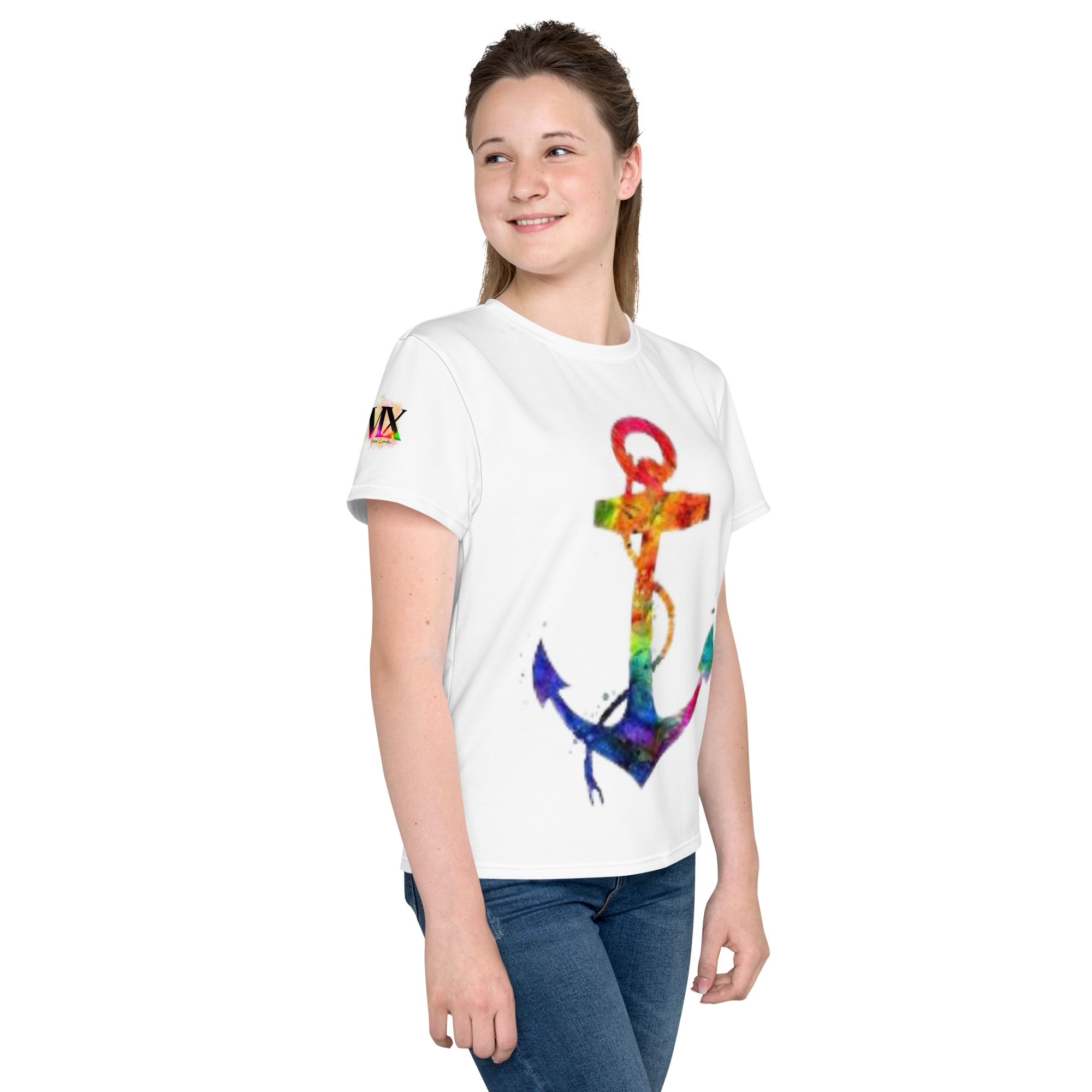 Youth Crew Neck T-Shirt – Rainbow Anchor Print | White Cotton Tee for Kids | Voce Lindx
