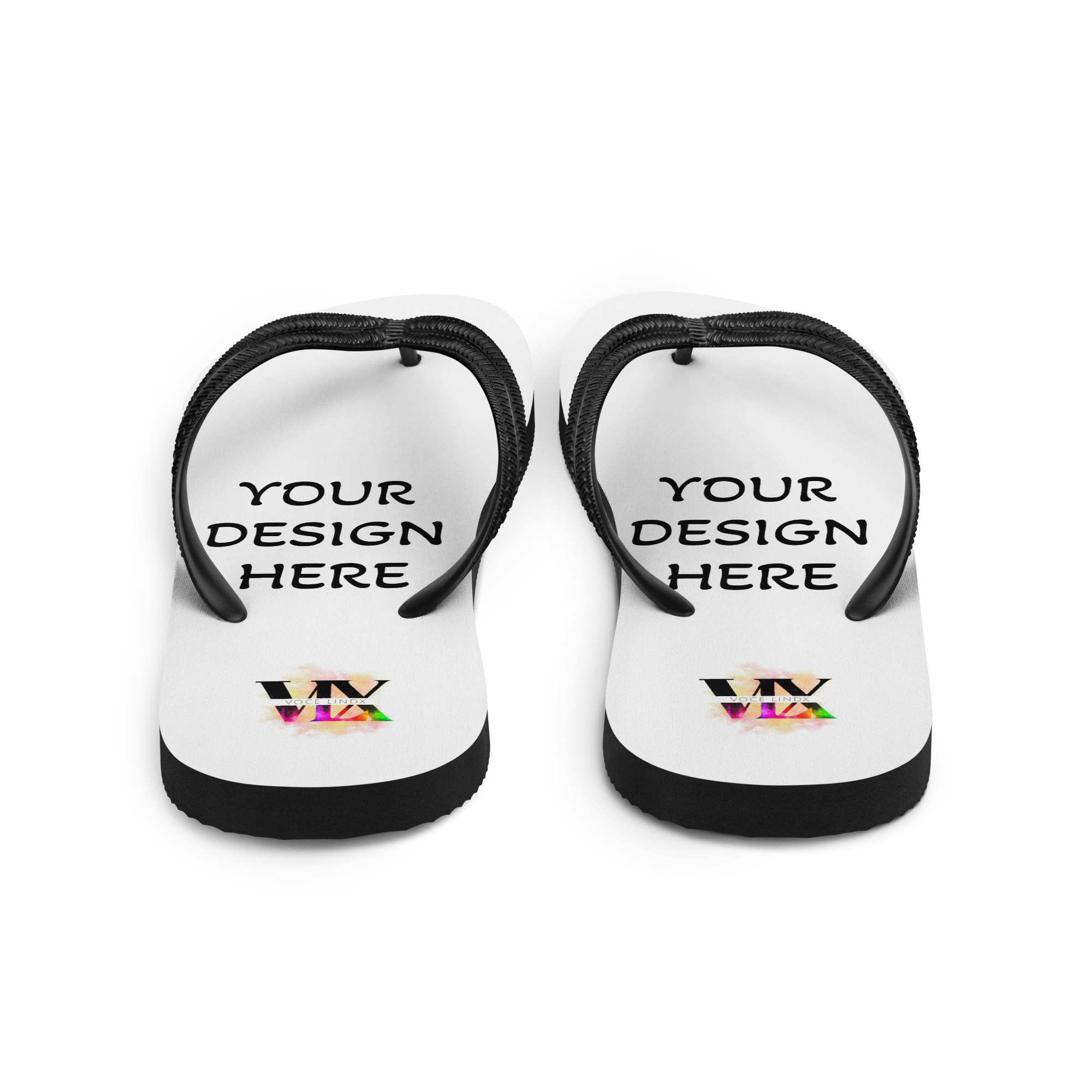 Custom White Flip-Flops with Black Straps – Personalised Design | Voce Lindx