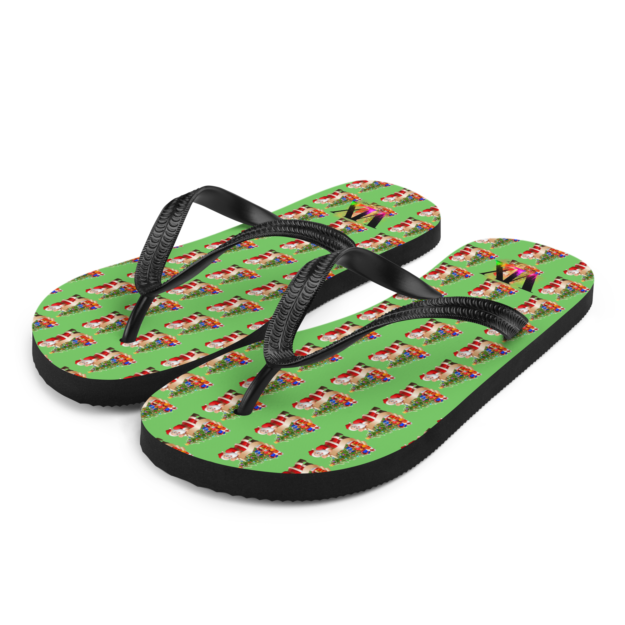 Christmas Santa Green Flip-Flops – Holiday Print Sandals with Cushioned Soles | Festive Footwear for All
