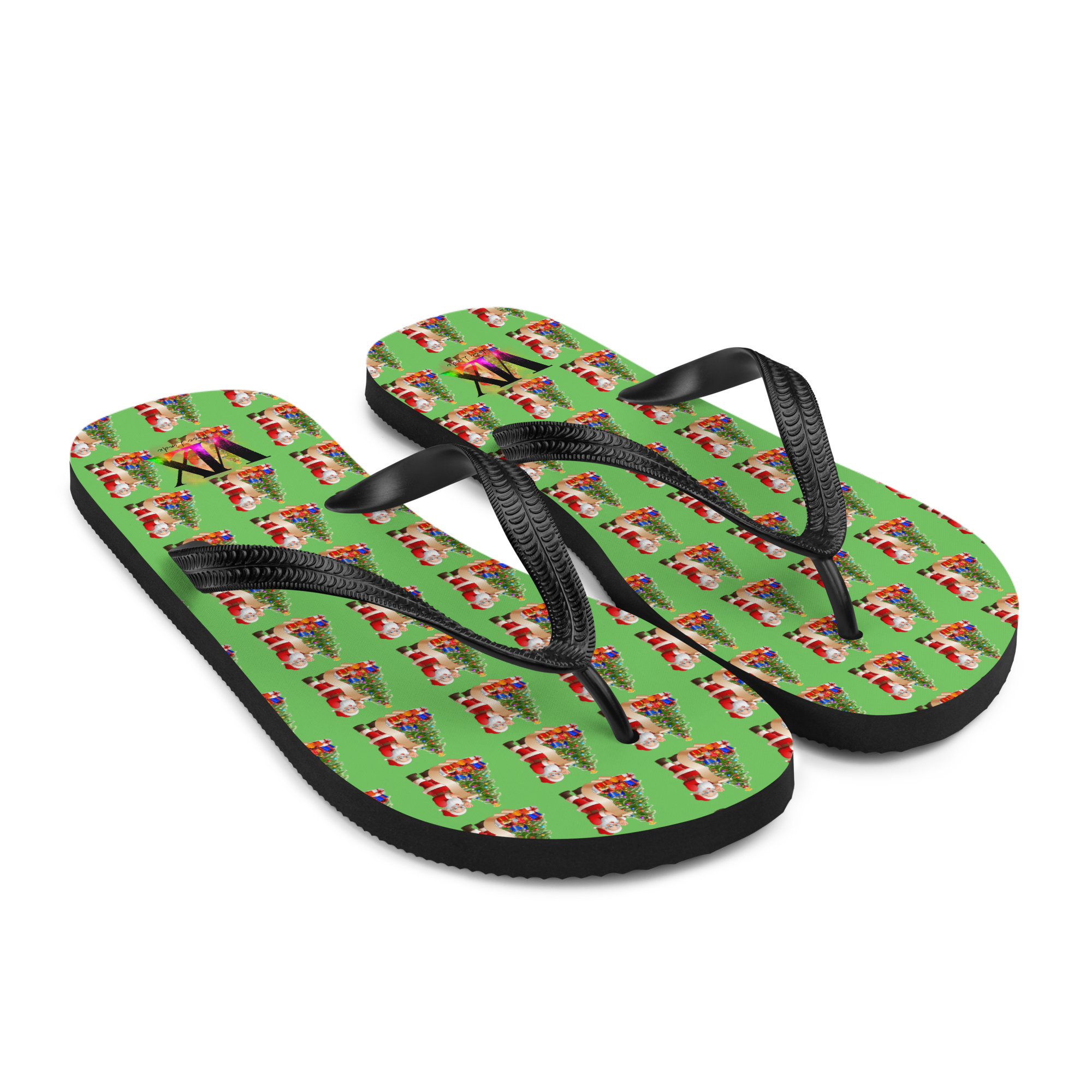 Christmas Santa Green Flip-Flops – Holiday Print Sandals with Cushioned Soles | Festive Footwear for All