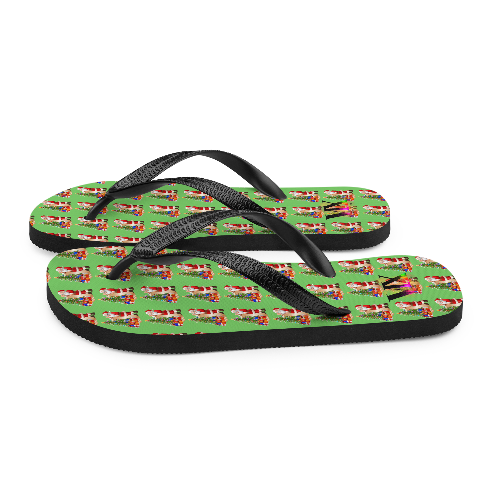 Christmas Santa Green Flip-Flops – Holiday Print Sandals with Cushioned Soles | Festive Footwear for All