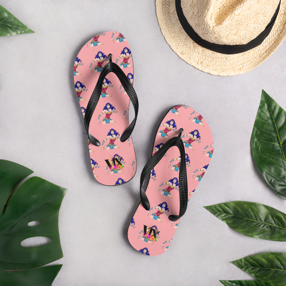 Wonder Woman Flip-Flops – Pink Background Comic Print Sandals with Cushioned Sole | Empowerment Footwear for All
