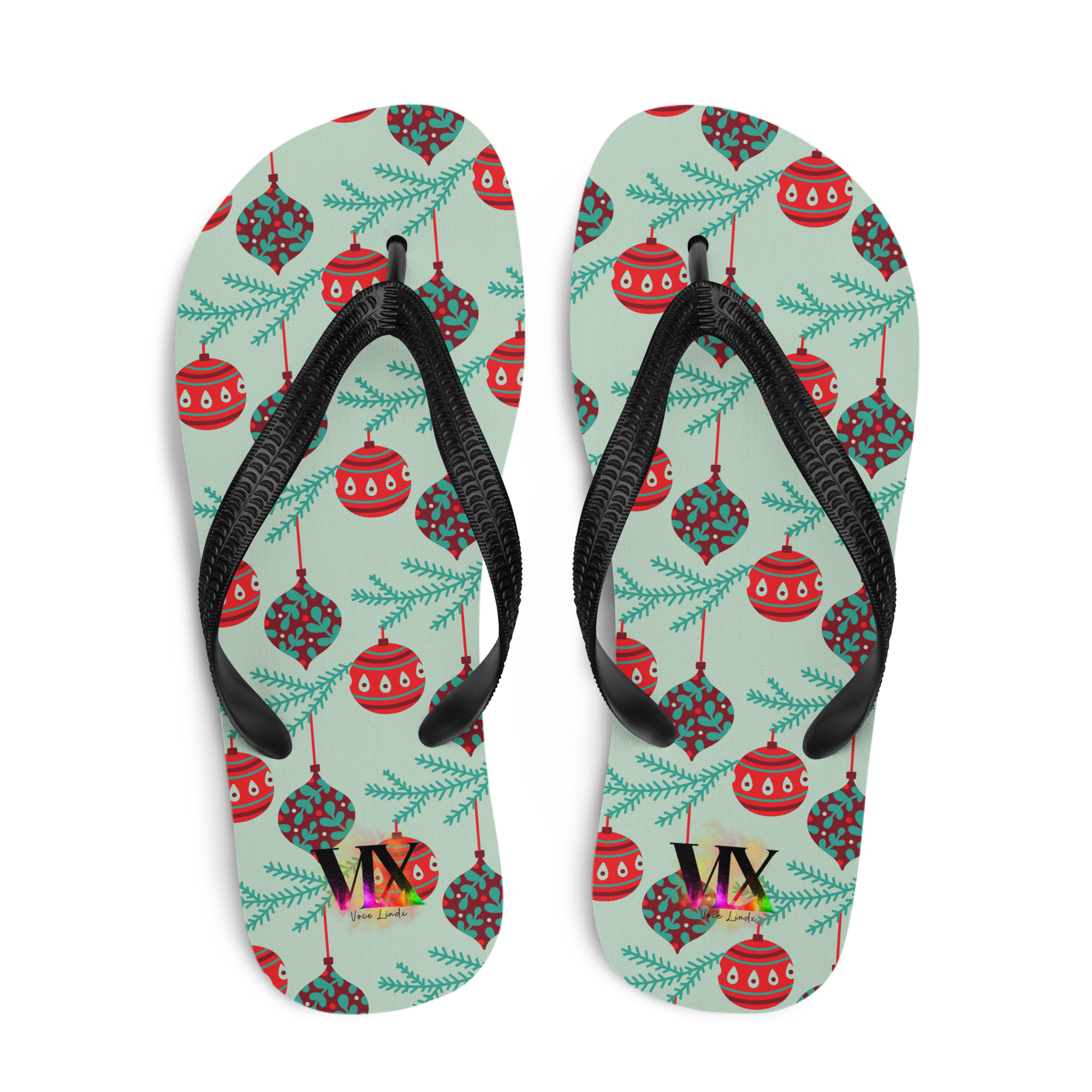 VOCE LINDX Christmas Baubles Flip‑Flops – Festive Ornament Print, Cushioned Sole & Non‑Slip Grip – Fun Seasonal Footwear