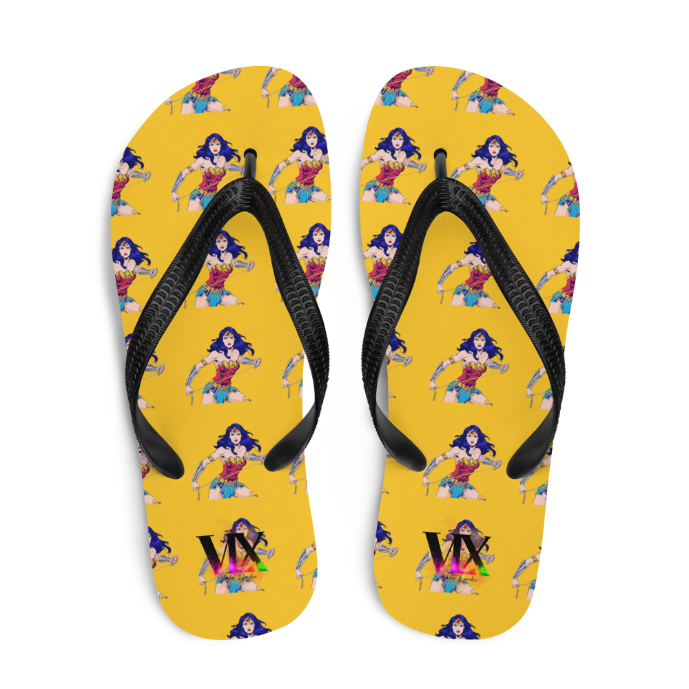 Wonder Woman Flip-Flops – Yellow Background Print Sandals with Cushioned Sole | Empowering Summer Footwear