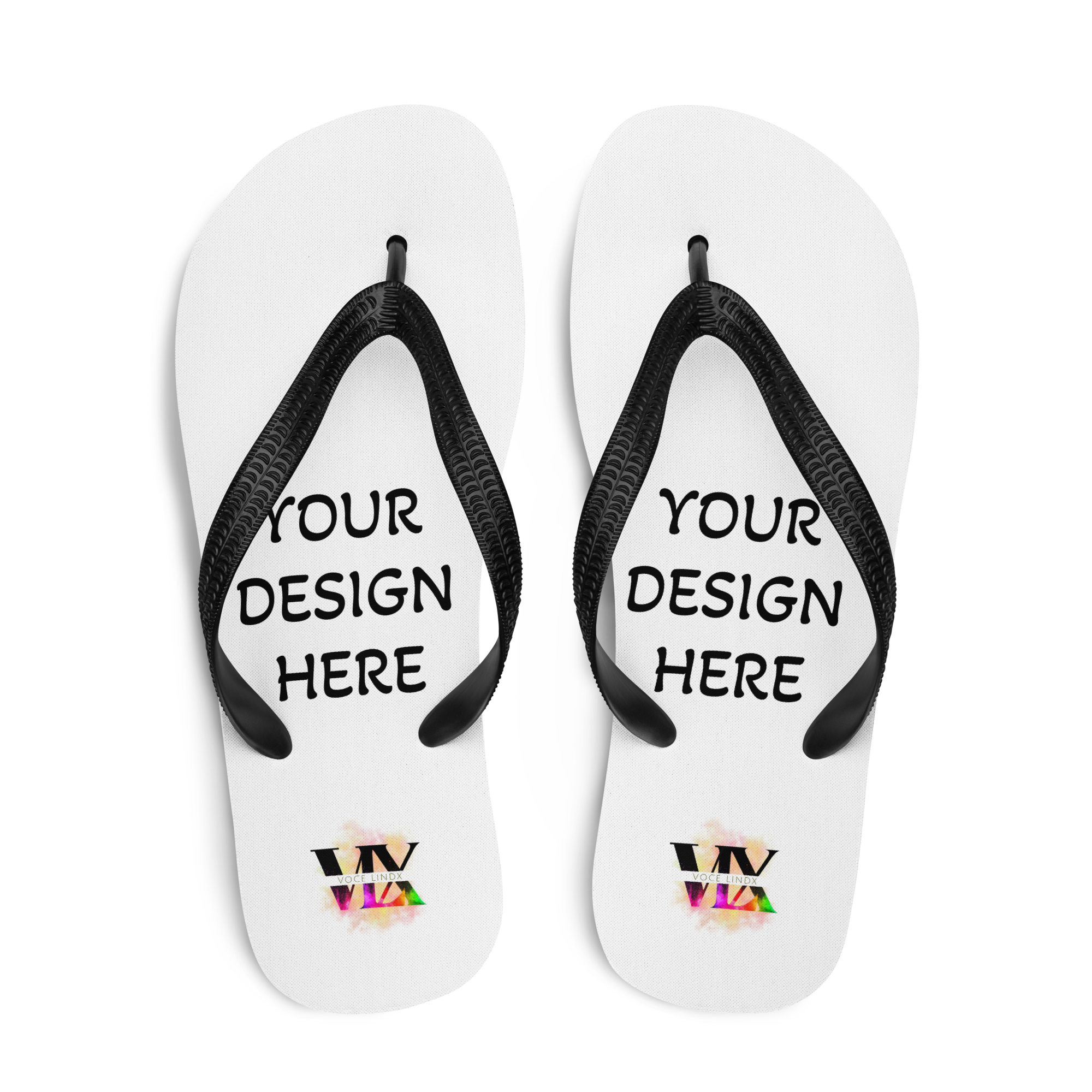 Custom White Flip-Flops with Black Straps – Personalised Design | Voce Lindx