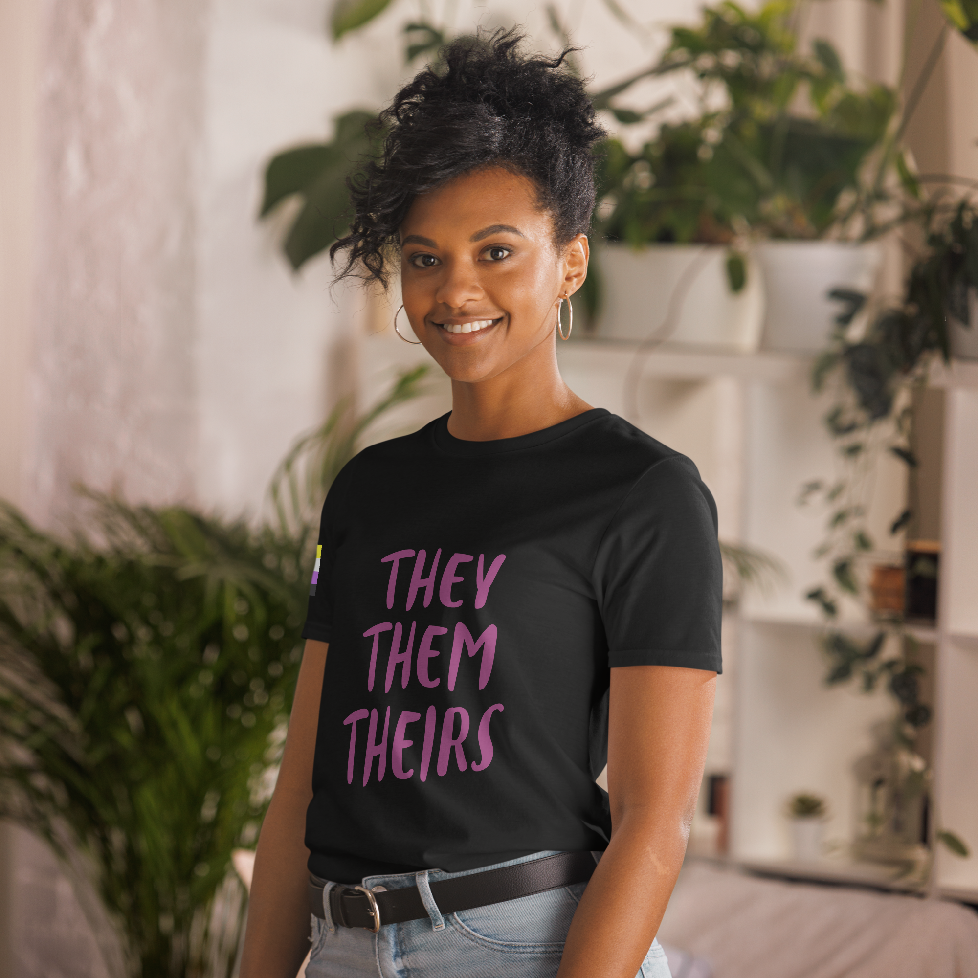 Short-Sleeve Cotton T-Shirt – “They/Them/Theirs” Pronouns Print | Inclusive Pride Design