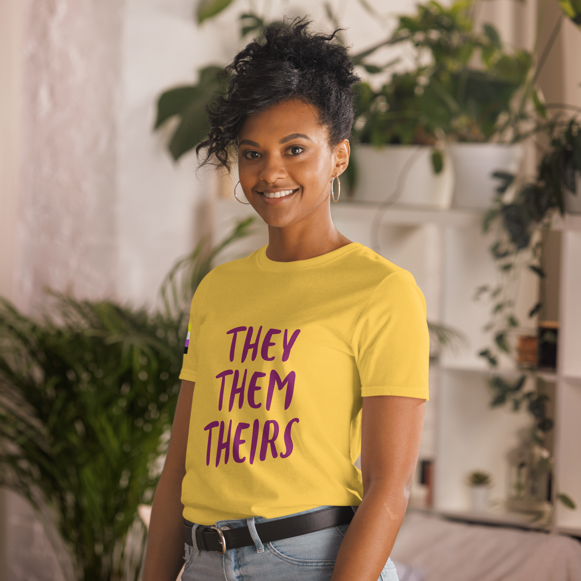 Short-Sleeve Cotton T-Shirt – “They/Them/Theirs” Pronouns Print | Inclusive Pride Design