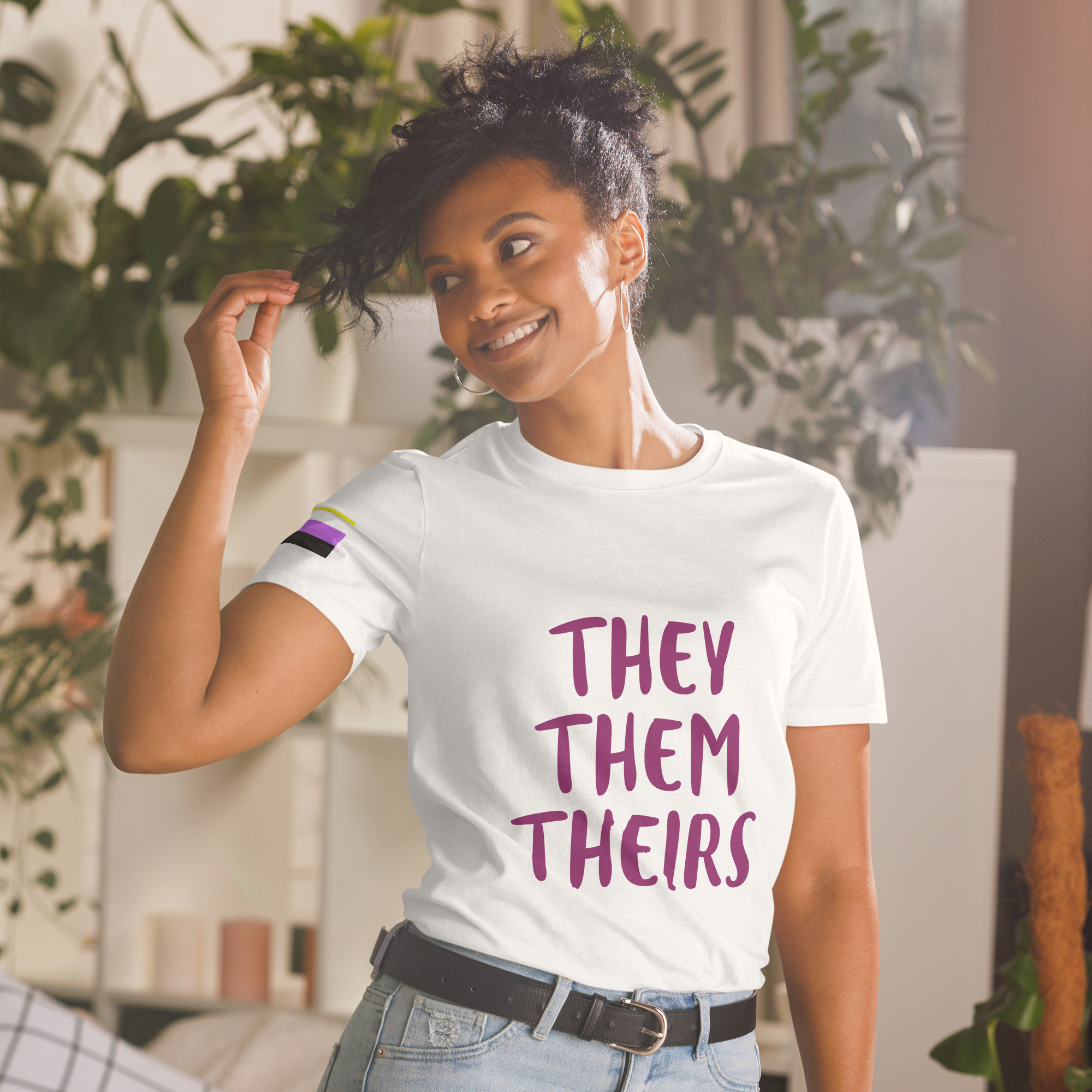Short-Sleeve Cotton T-Shirt – “They/Them/Theirs” Pronouns Print | Inclusive Pride Design