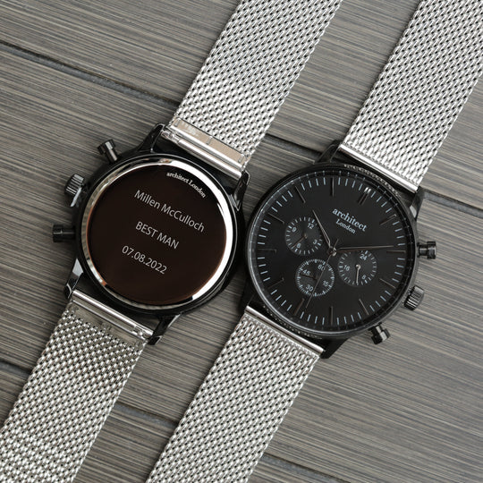 Personalised Watch – Black with Silver Mesh Strap, Modern Engraving | Architect Gift
