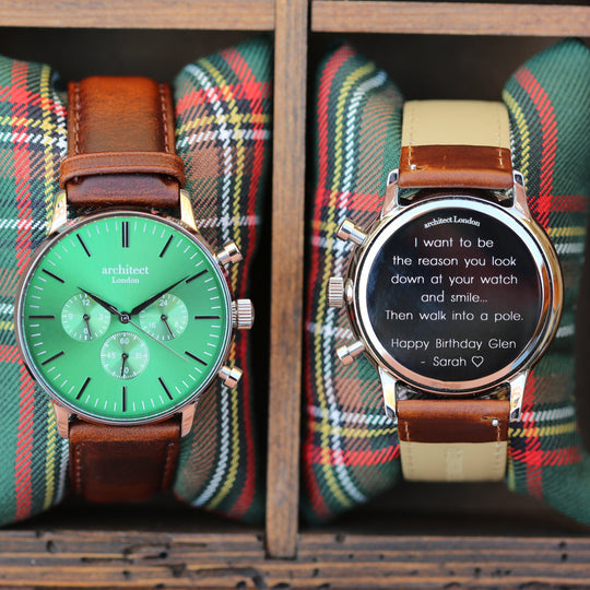 Personalised Men’s Architect Motivator Watch – Envy Green with Walnut Strap, Modern Font Engraving