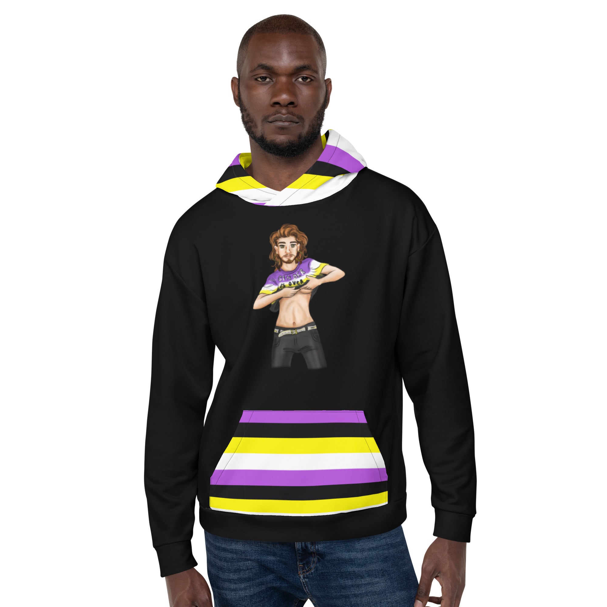 “Gender Is Over” Non-Binary Pride Hoodie – Purple, Yellow, White & Black | Inclusive Statement Style
