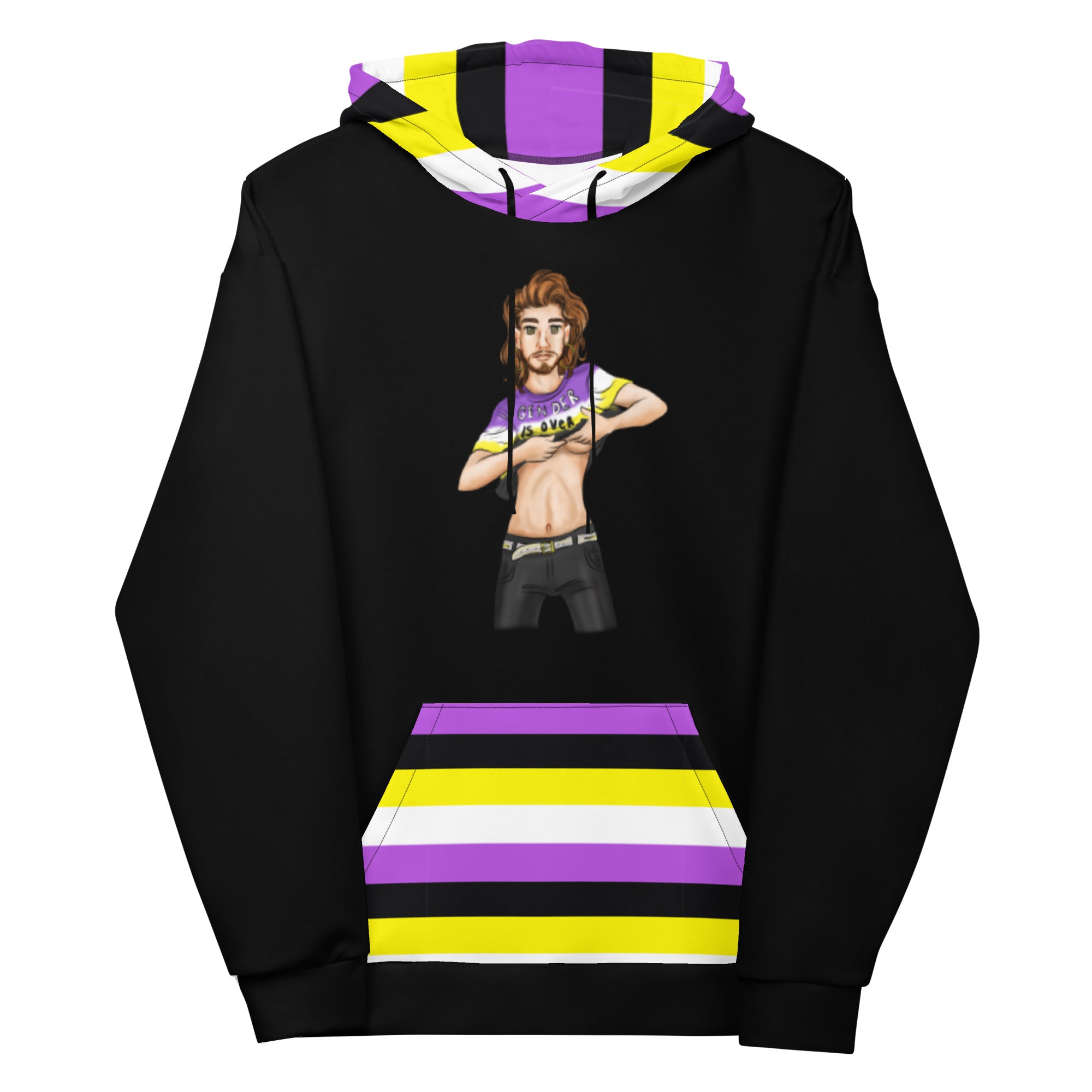 “Gender Is Over” Non-Binary Pride Hoodie – Purple, Yellow, White & Black | Inclusive Statement Style