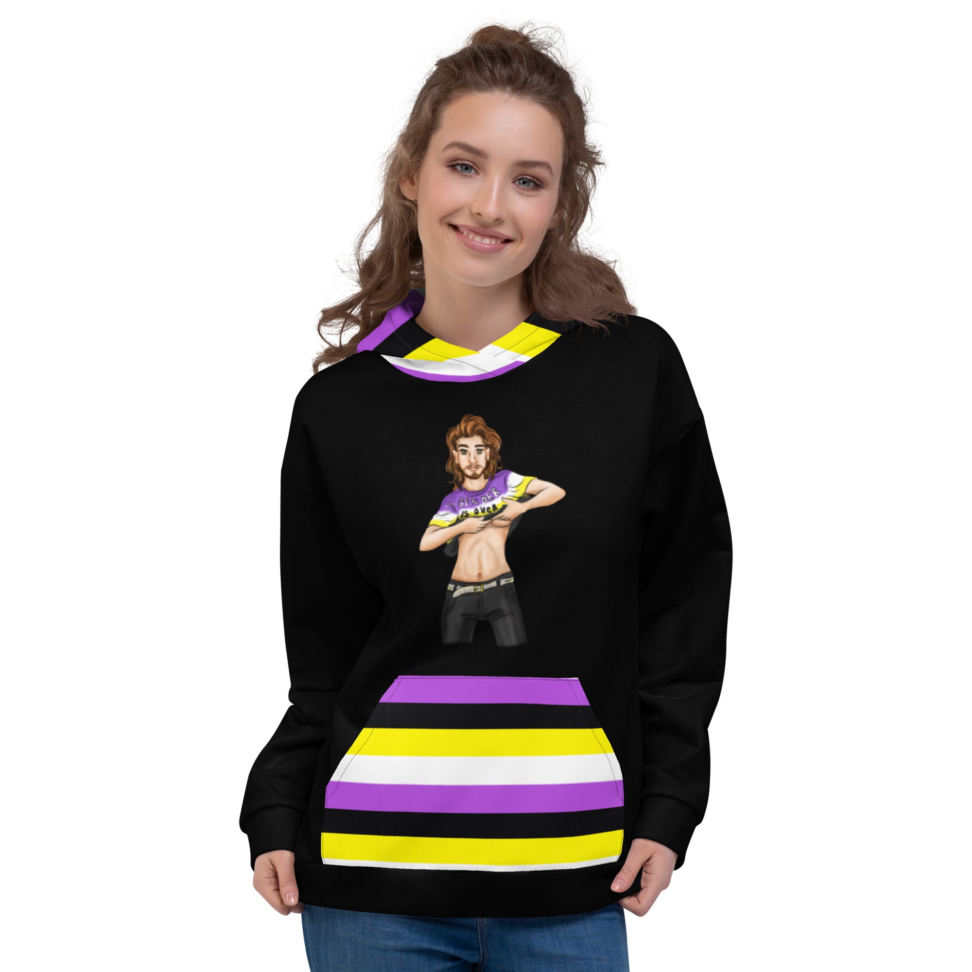 “Gender Is Over” Non-Binary Pride Hoodie – Purple, Yellow, White & Black | Inclusive Statement Style