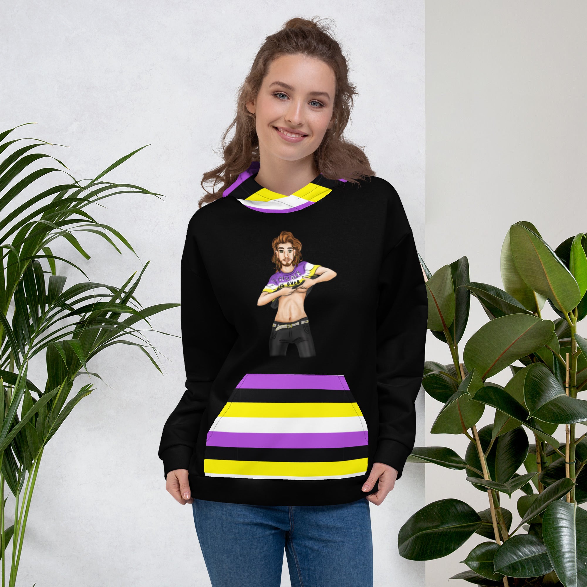“Gender Is Over” Non-Binary Pride Hoodie – Purple, Yellow, White & Black | Inclusive Statement Style