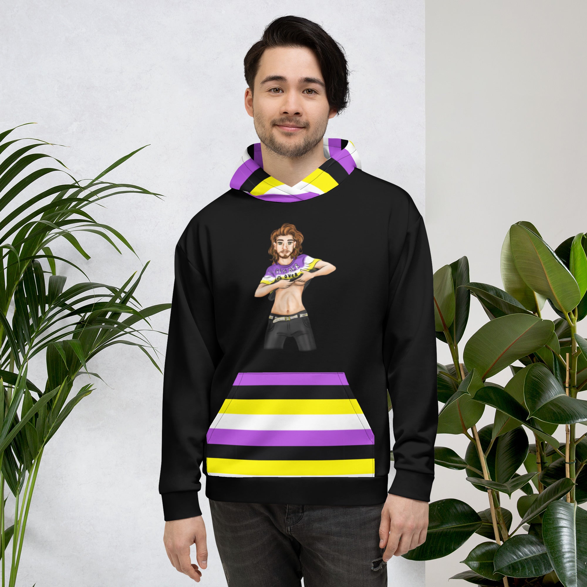 “Gender Is Over” Non-Binary Pride Hoodie – Purple, Yellow, White & Black | Inclusive Statement Style