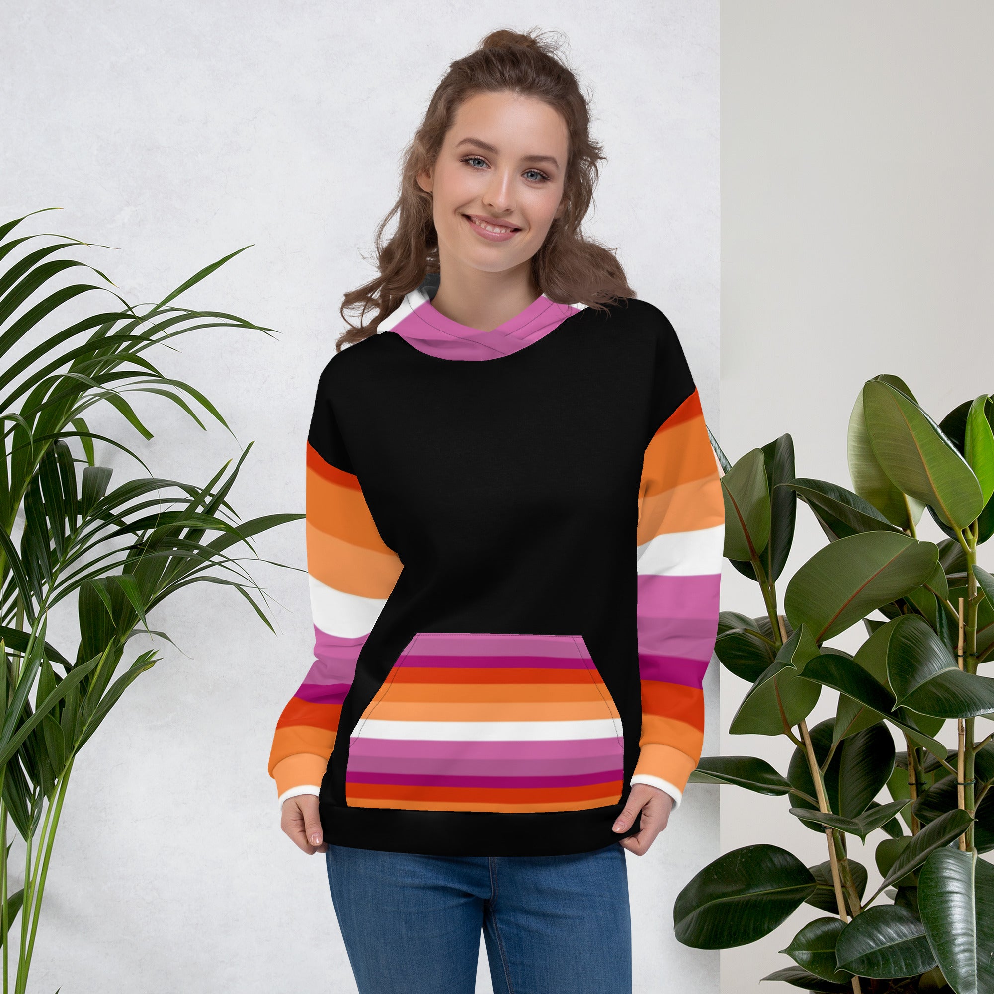 Lesbian Pride Flag Hoodie – Sunset Stripes Print | Relaxed Fit Cotton-Poly Blend