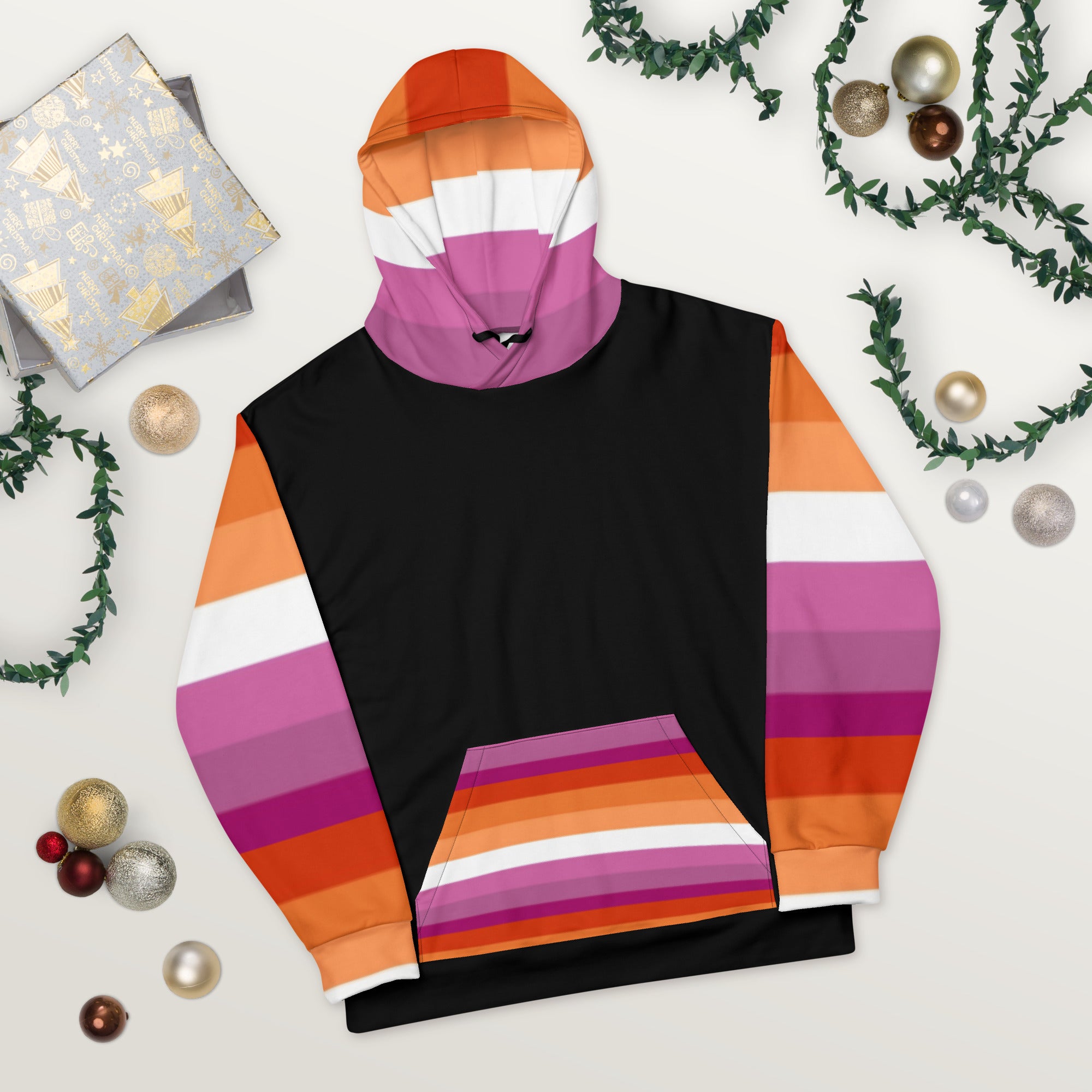 Lesbian Pride Flag Hoodie – Sunset Stripes Print | Relaxed Fit Cotton-Poly Blend