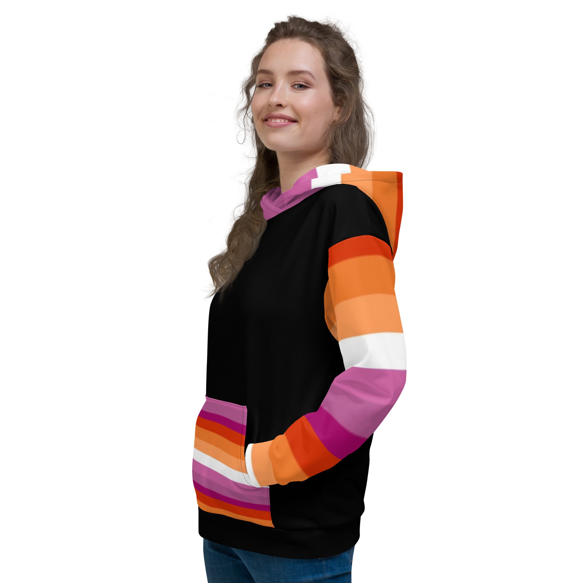Lesbian Pride Flag Hoodie – Sunset Stripes Print | Relaxed Fit Cotton-Poly Blend