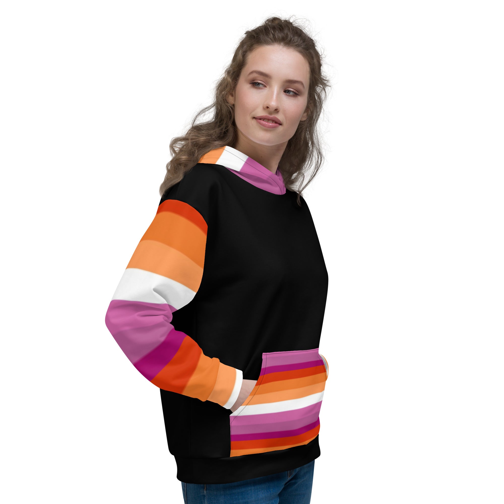 Lesbian Pride Flag Hoodie – Sunset Stripes Print | Relaxed Fit Cotton-Poly Blend