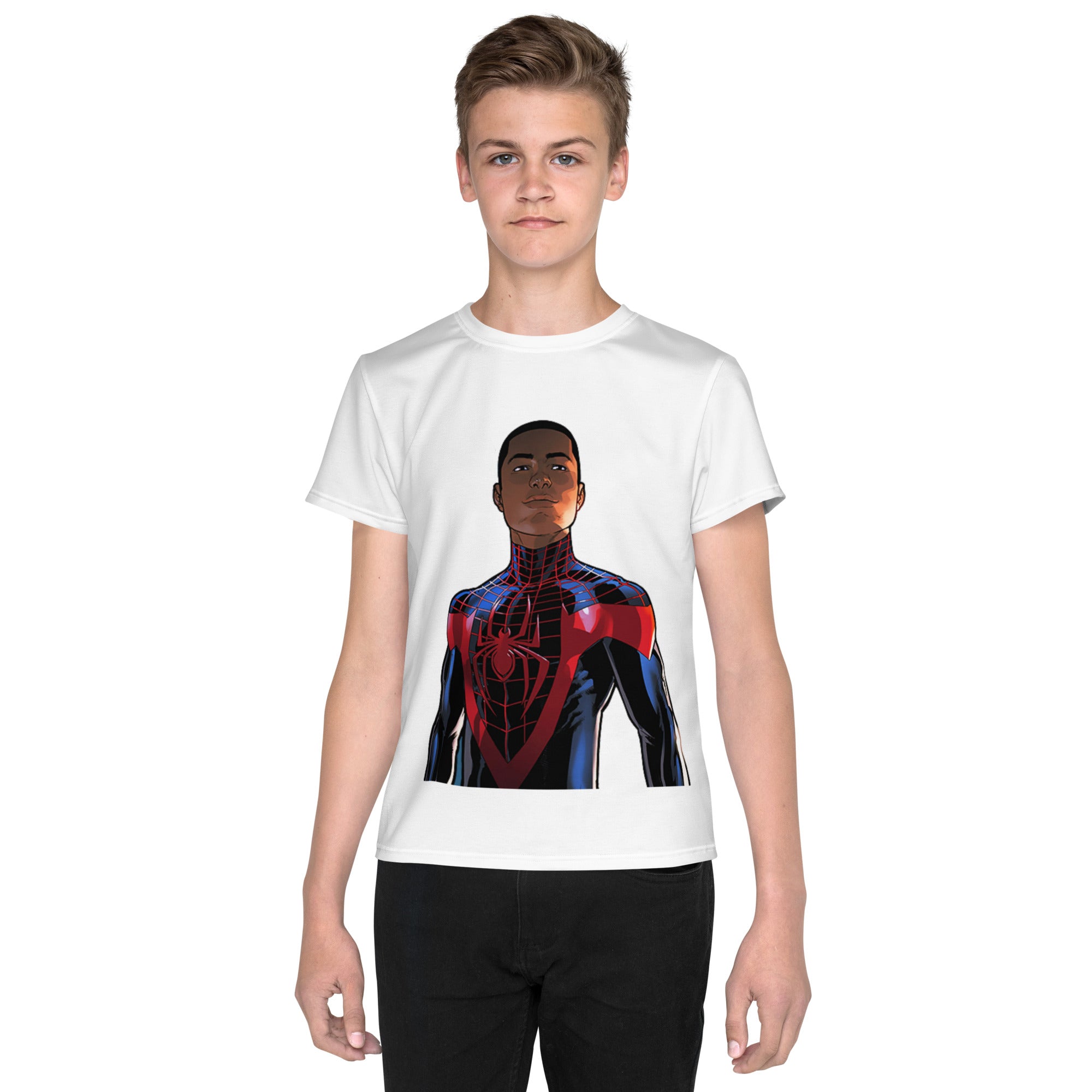 Youth Crew Neck T-Shirt – Spider-Man Black Inspired Graphic | Soft white Cotton Kids Tee | Voce Lindx