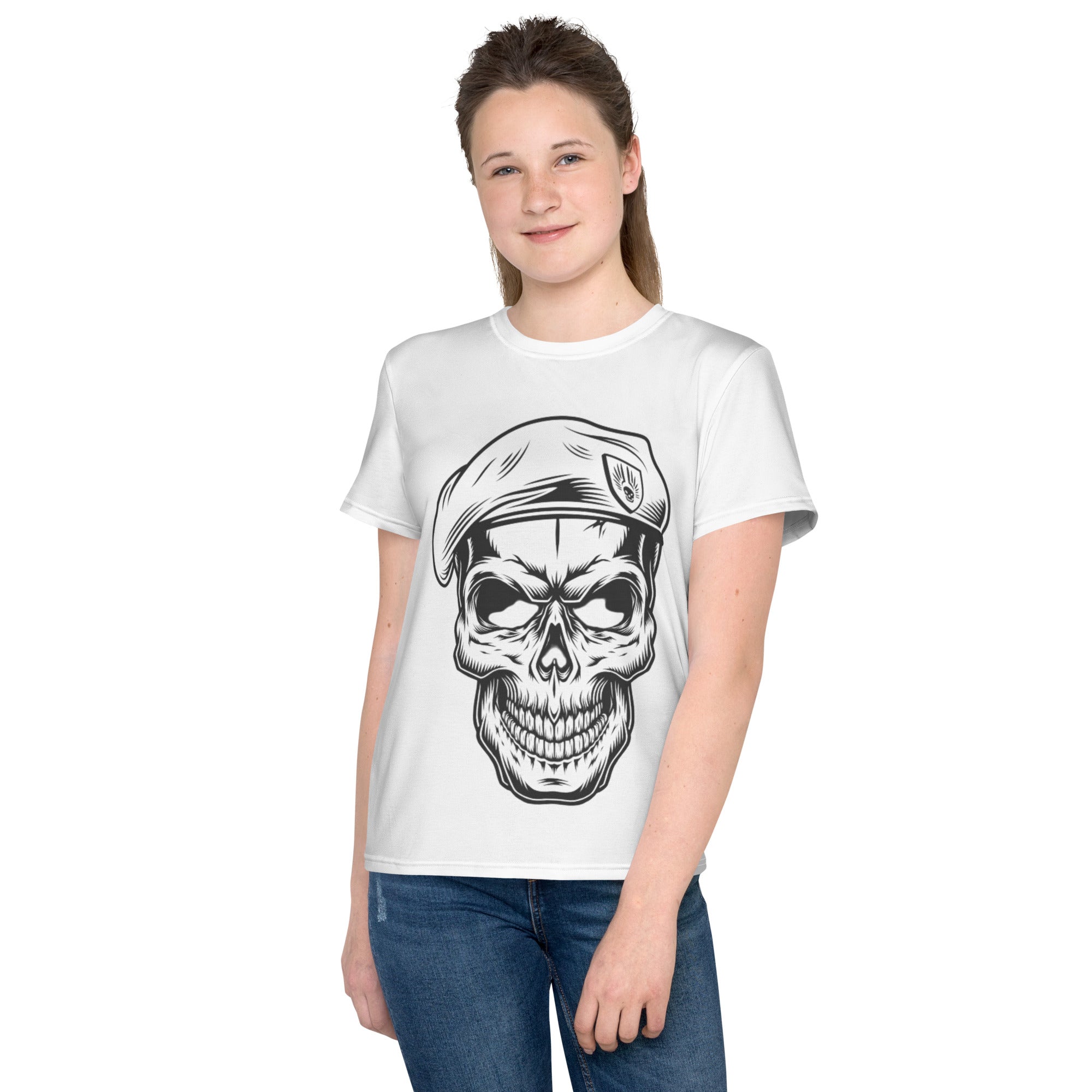 Youth Crew Neck T-Shirt – Skull in a Beret Graphic | Black Cotton Tee for Kids | Voce Lindx