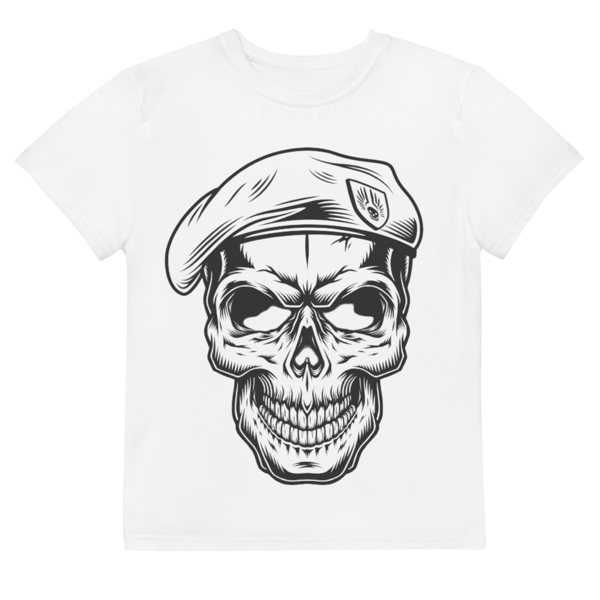 Youth Crew Neck T-Shirt – Skull in a Beret Graphic | Black Cotton Tee for Kids | Voce Lindx