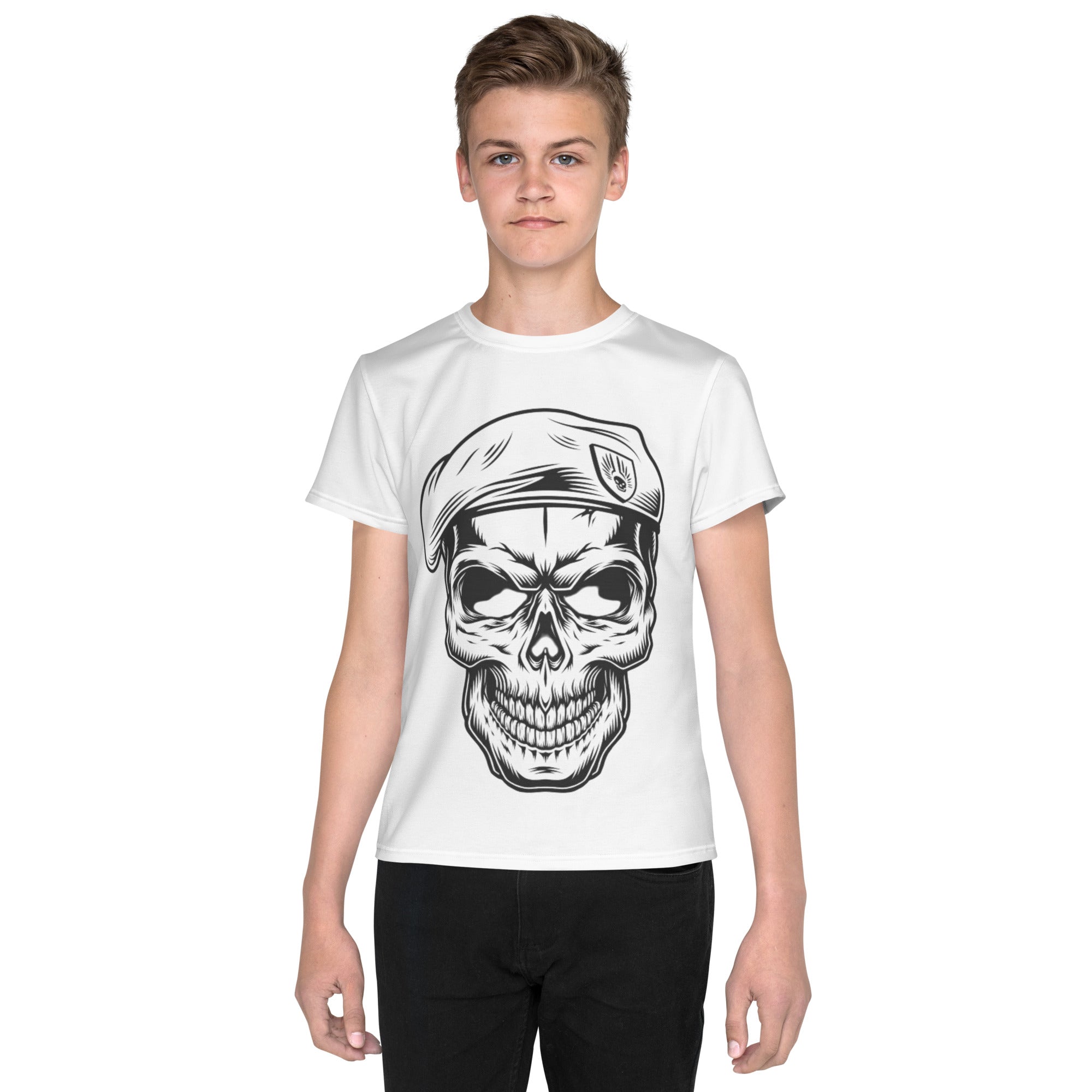 Youth Crew Neck T-Shirt – Skull in a Beret Graphic | Black Cotton Tee for Kids | Voce Lindx
