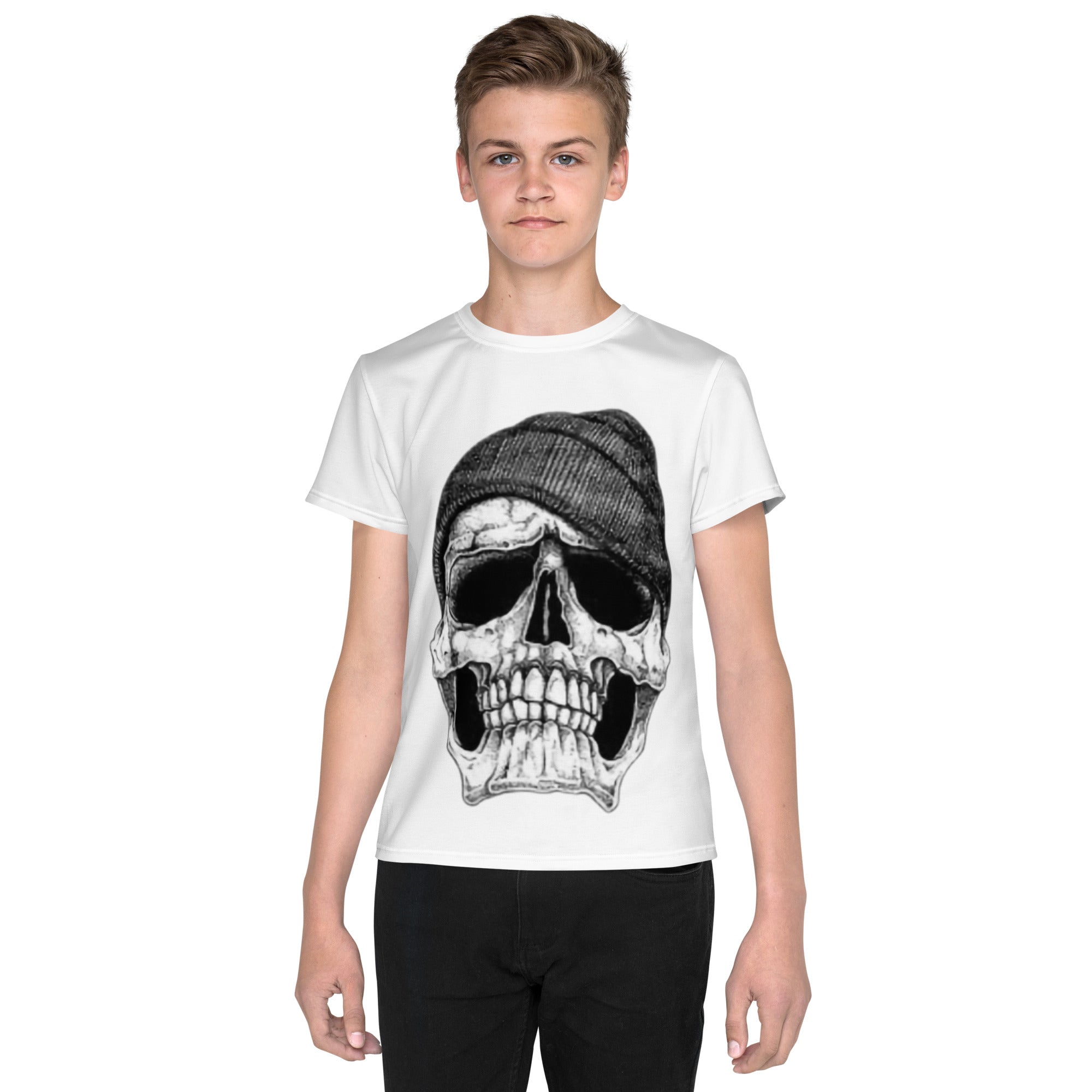 Youth Crew Neck T-Shirt – Skull with Cap Graphic | Black Cotton Tee for Kids | Voce Lindx