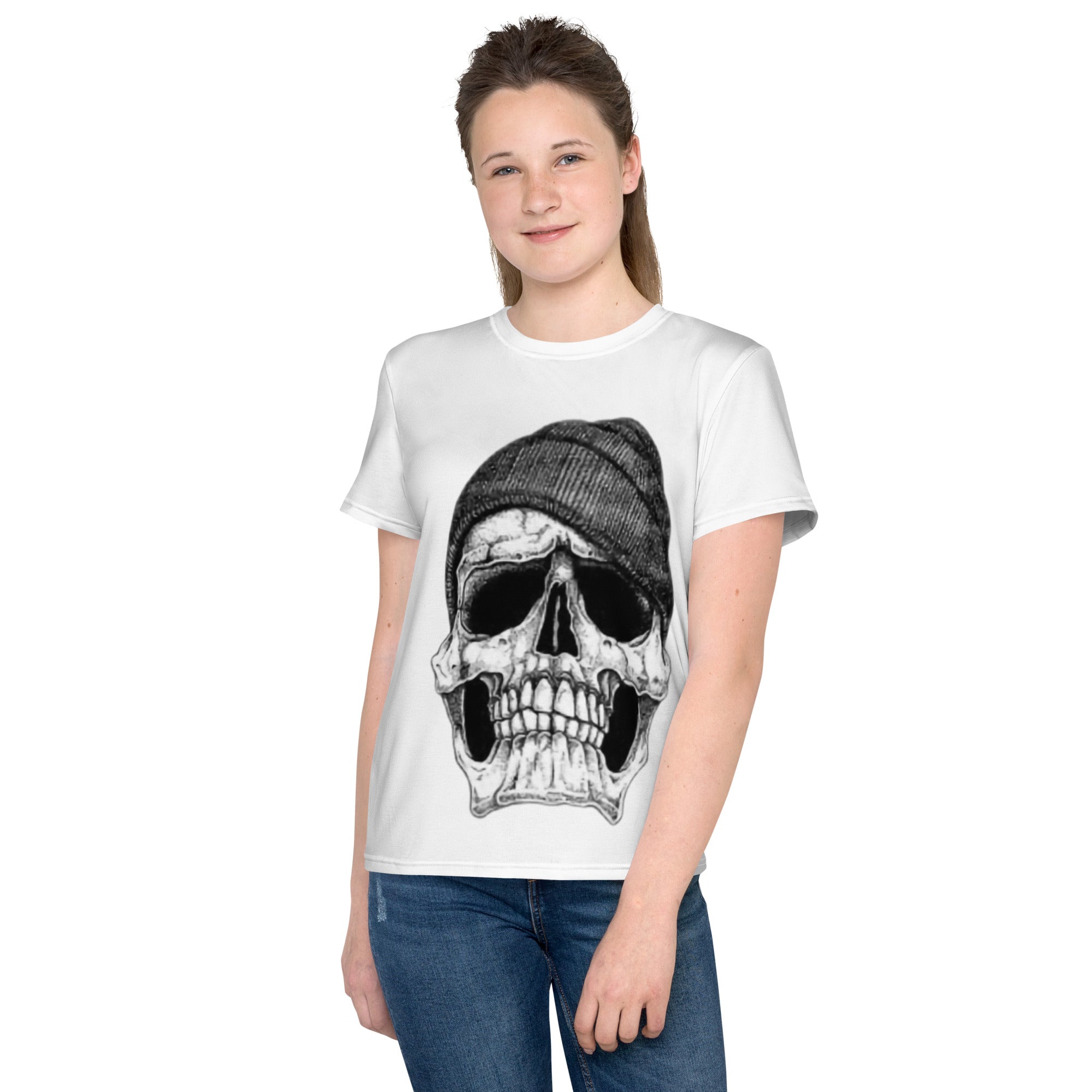 Youth Crew Neck T-Shirt – Skull with Cap Graphic | Black Cotton Tee for Kids | Voce Lindx