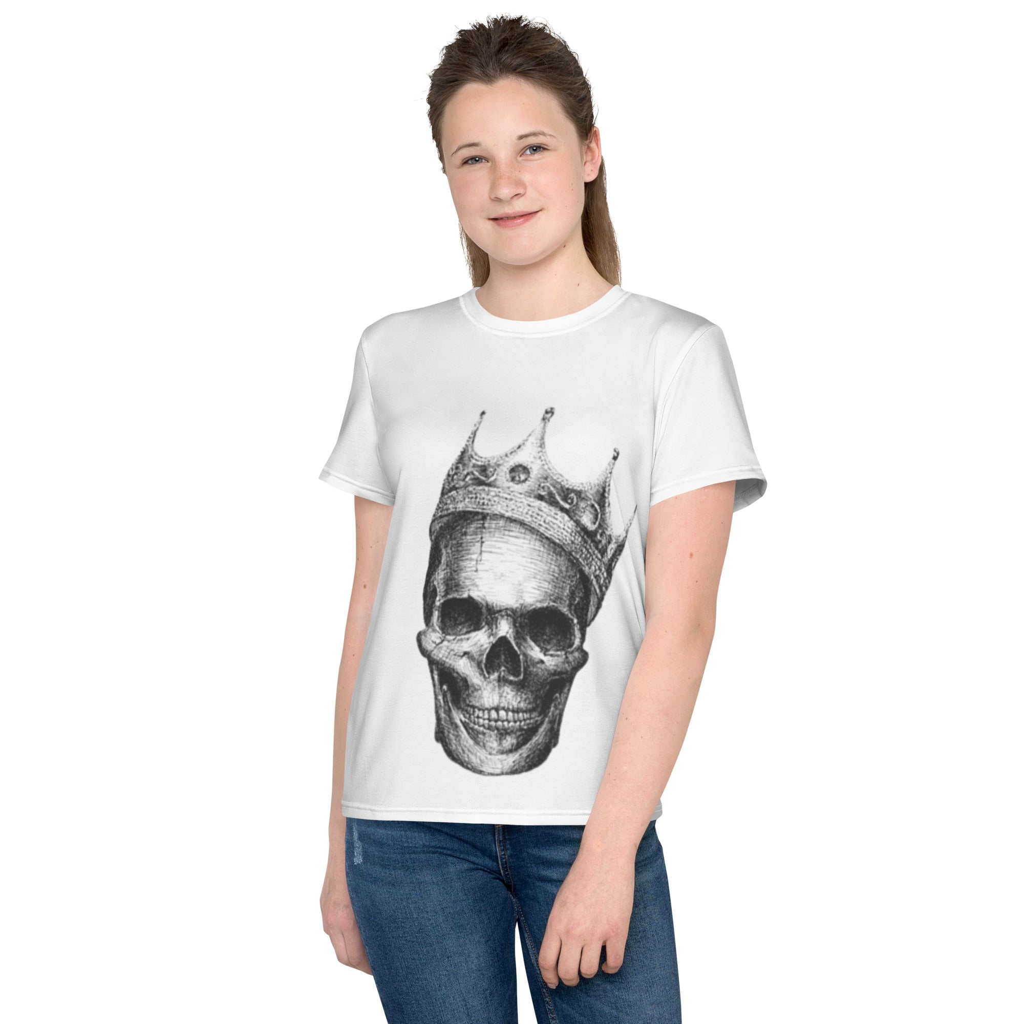 Youth Crew Neck T-Shirt – Skull with Crown Graphic | Black Cotton Kids Tee | Voce Lindx