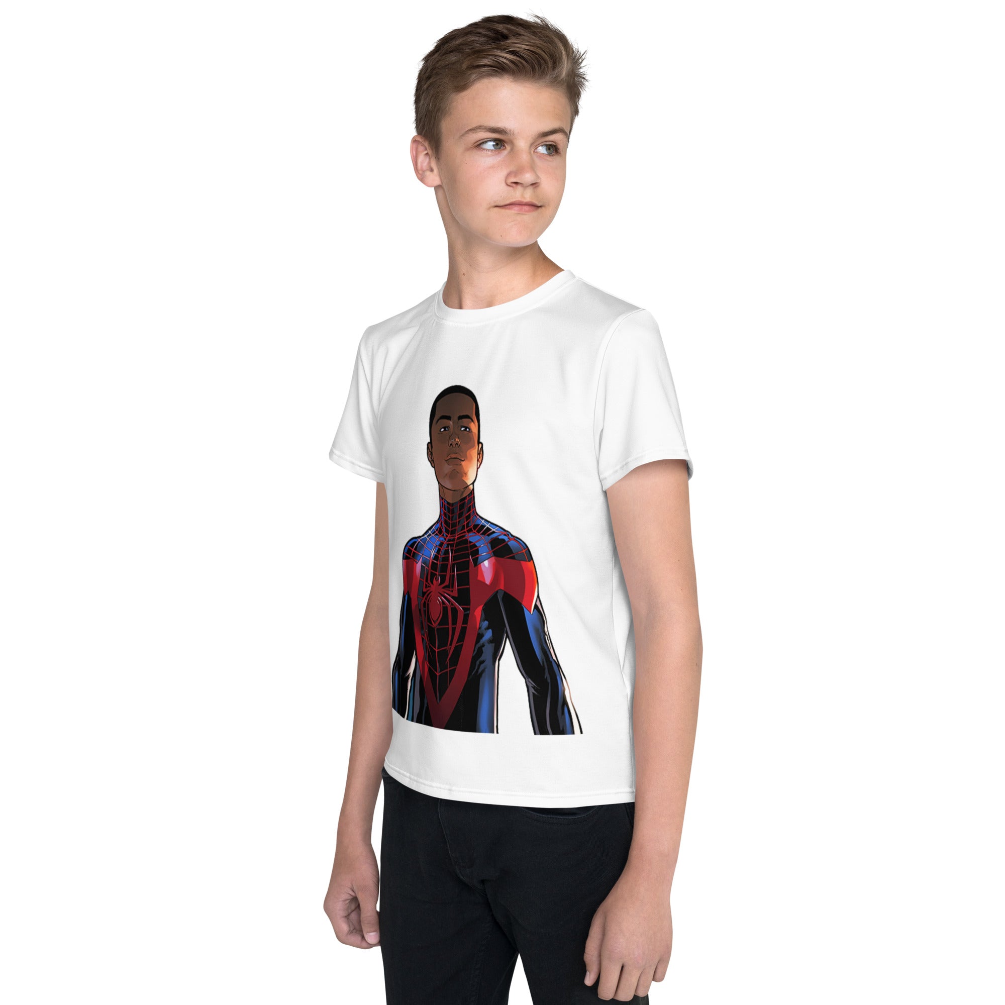 Youth Crew Neck T-Shirt – Spider-Man Black Inspired Graphic | Soft white Cotton Kids Tee | Voce Lindx