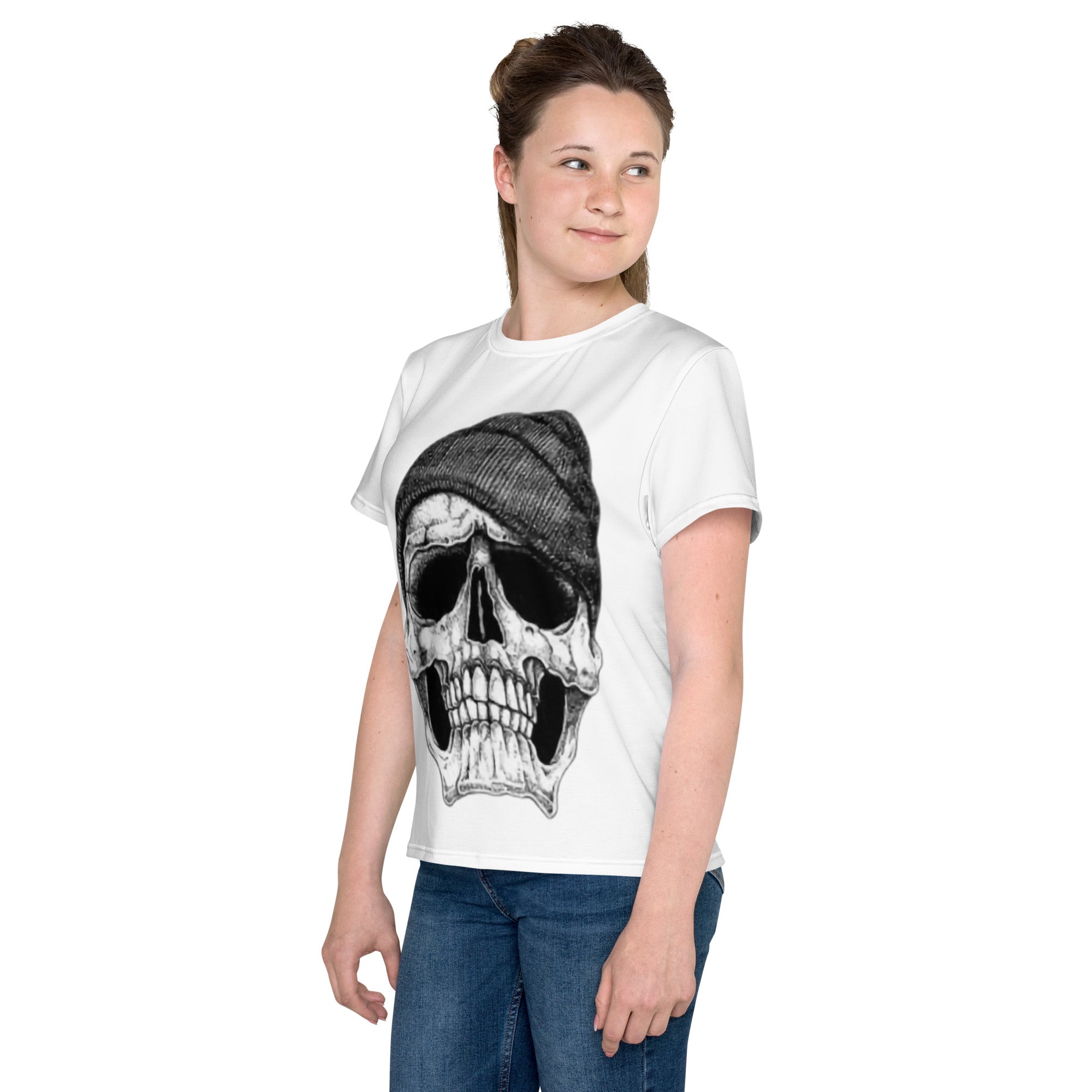 Youth Crew Neck T-Shirt – Skull with Cap Graphic | Black Cotton Tee for Kids | Voce Lindx