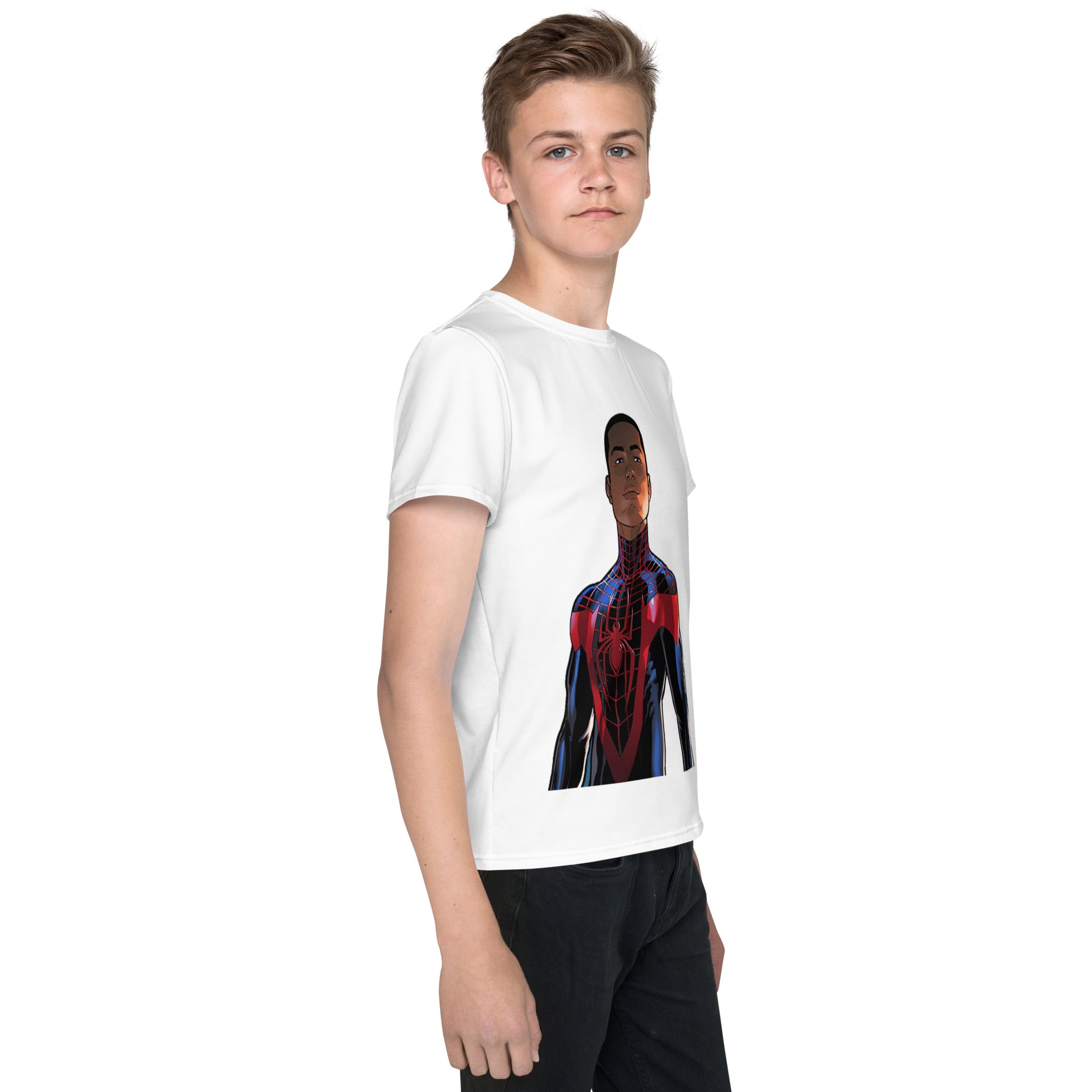 Youth Crew Neck T-Shirt – Spider-Man Black Inspired Graphic | Soft white Cotton Kids Tee | Voce Lindx