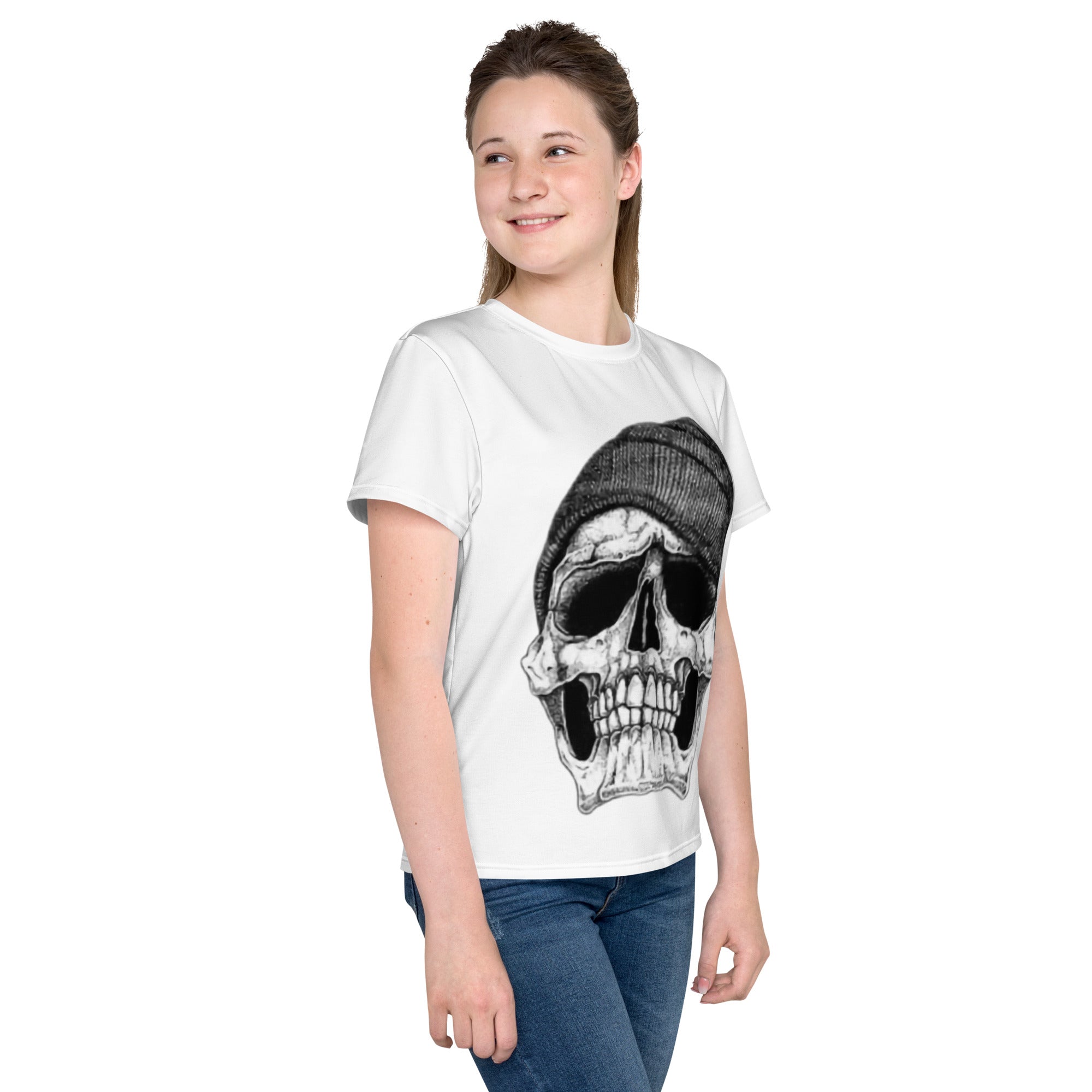 Youth Crew Neck T-Shirt – Skull with Cap Graphic | Black Cotton Tee for Kids | Voce Lindx