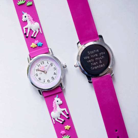 Personalised 3D Unicorn Watch for Kids – Pink, Engraved Gift