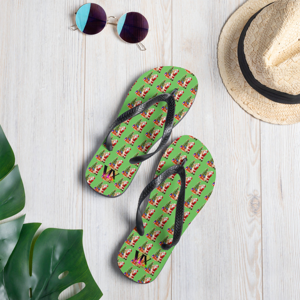 Christmas Santa Green Flip-Flops – Holiday Print Sandals with Cushioned Soles | Festive Footwear for All
