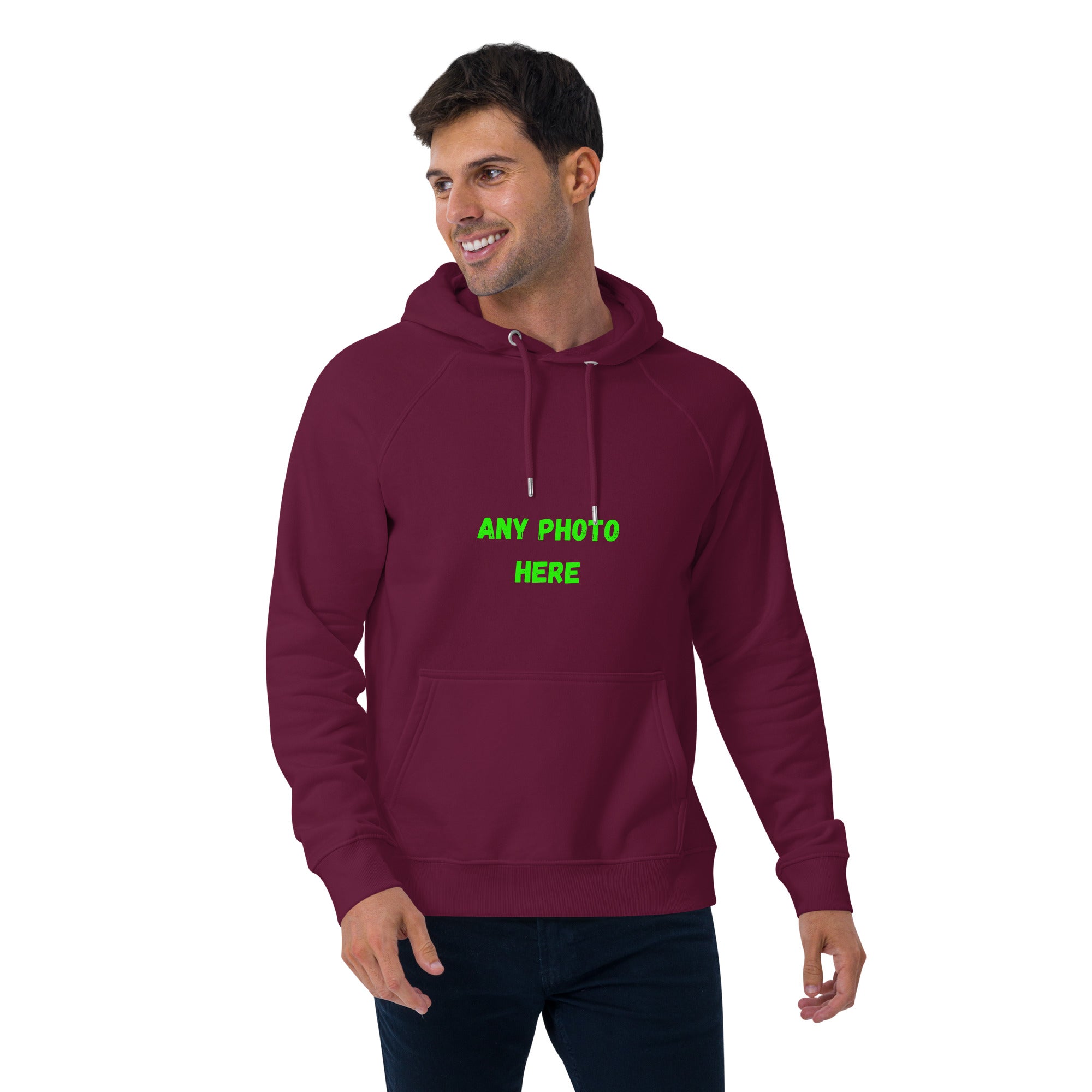 VOCE LINDX Eco Raglan Hoodie – Upload Your Photo or Design – Organic Cotton Comfort, Sustainable & Customisable