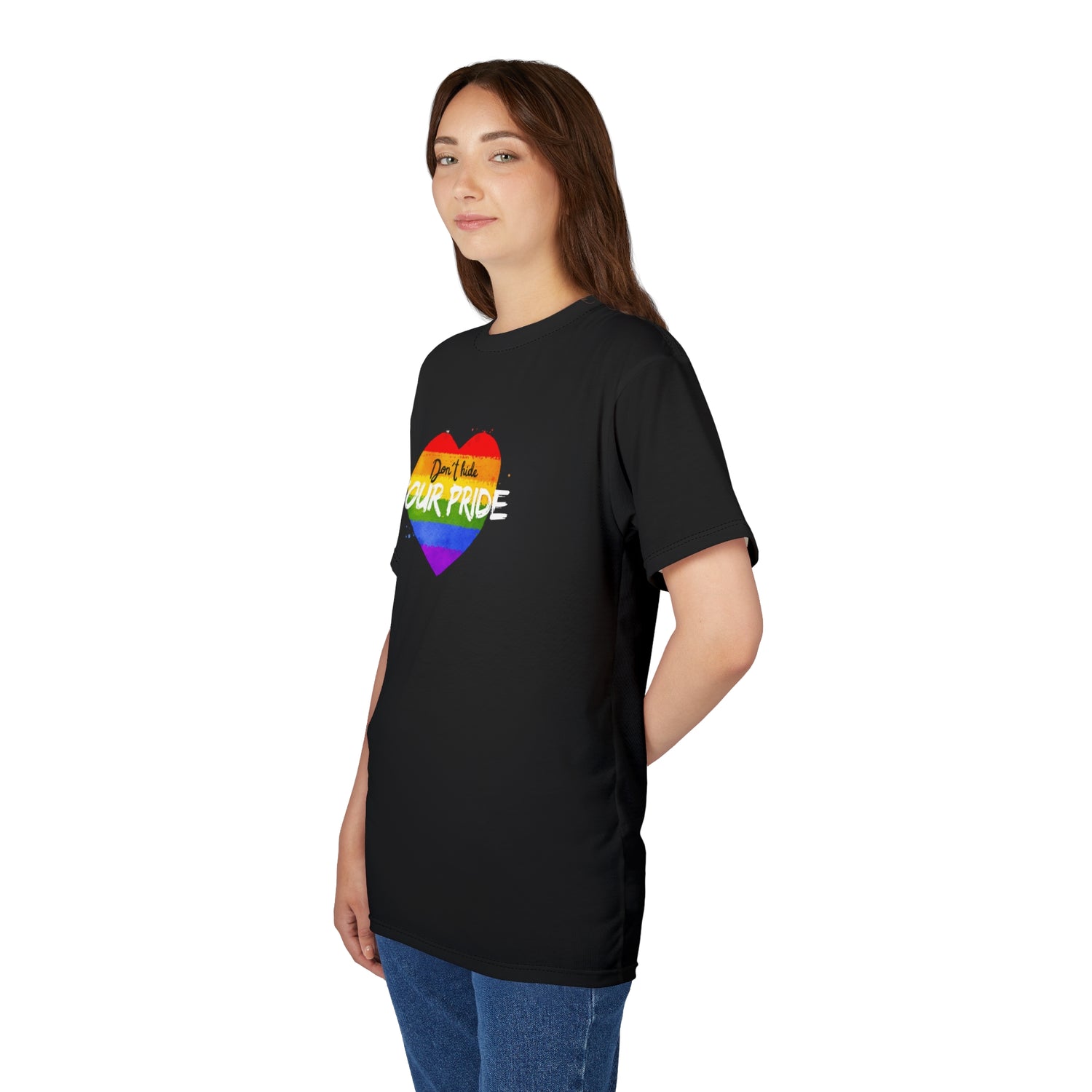 Don’t Hide Your Pride Gender-Free Tee – Rainbow Heart, Inclusive LGBTQIA+ Fashion | Voce Lindx